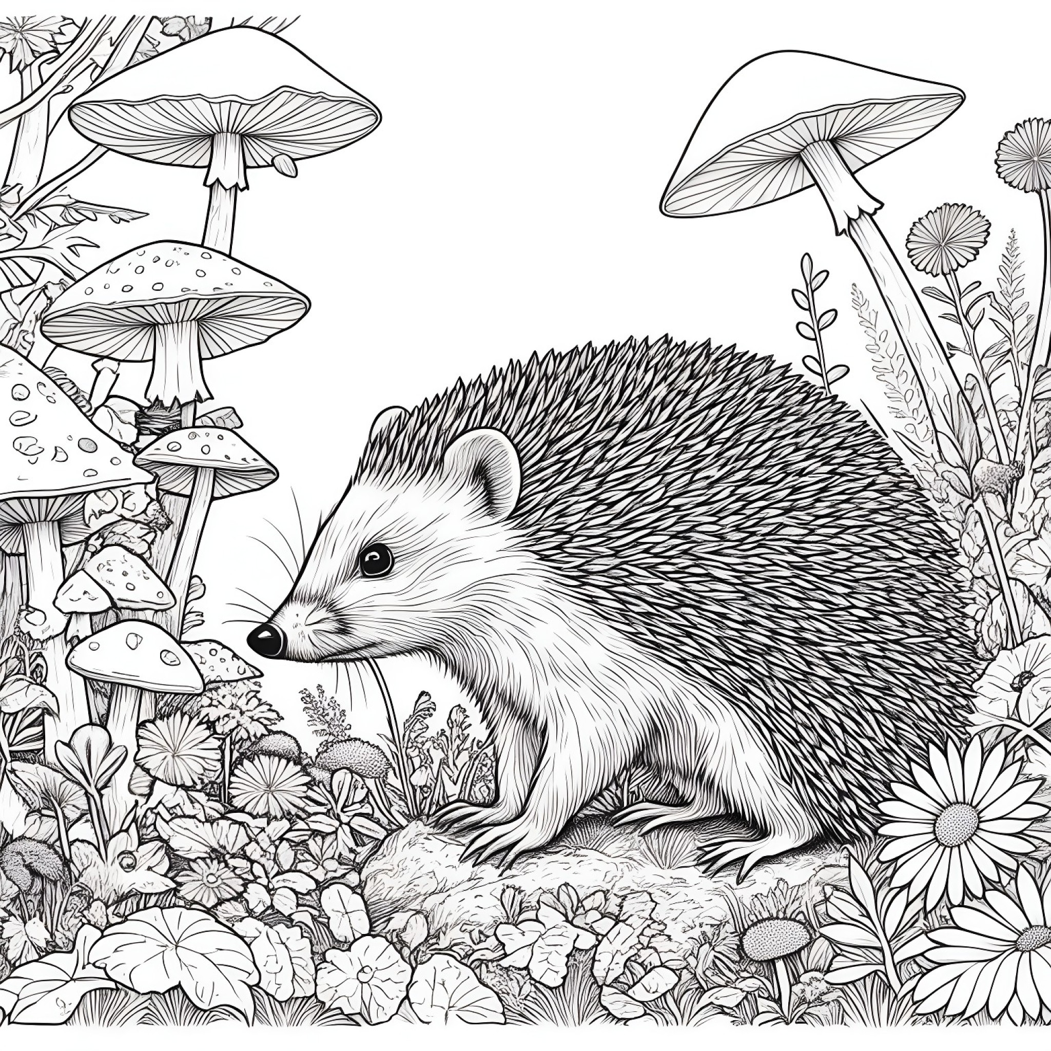 Hedgehog exploring a mushroom forest Coloring Page (free black-and-white line drawing printable PDF for all, from beginners to advanced learners, including children, teens, adults, and seniors)