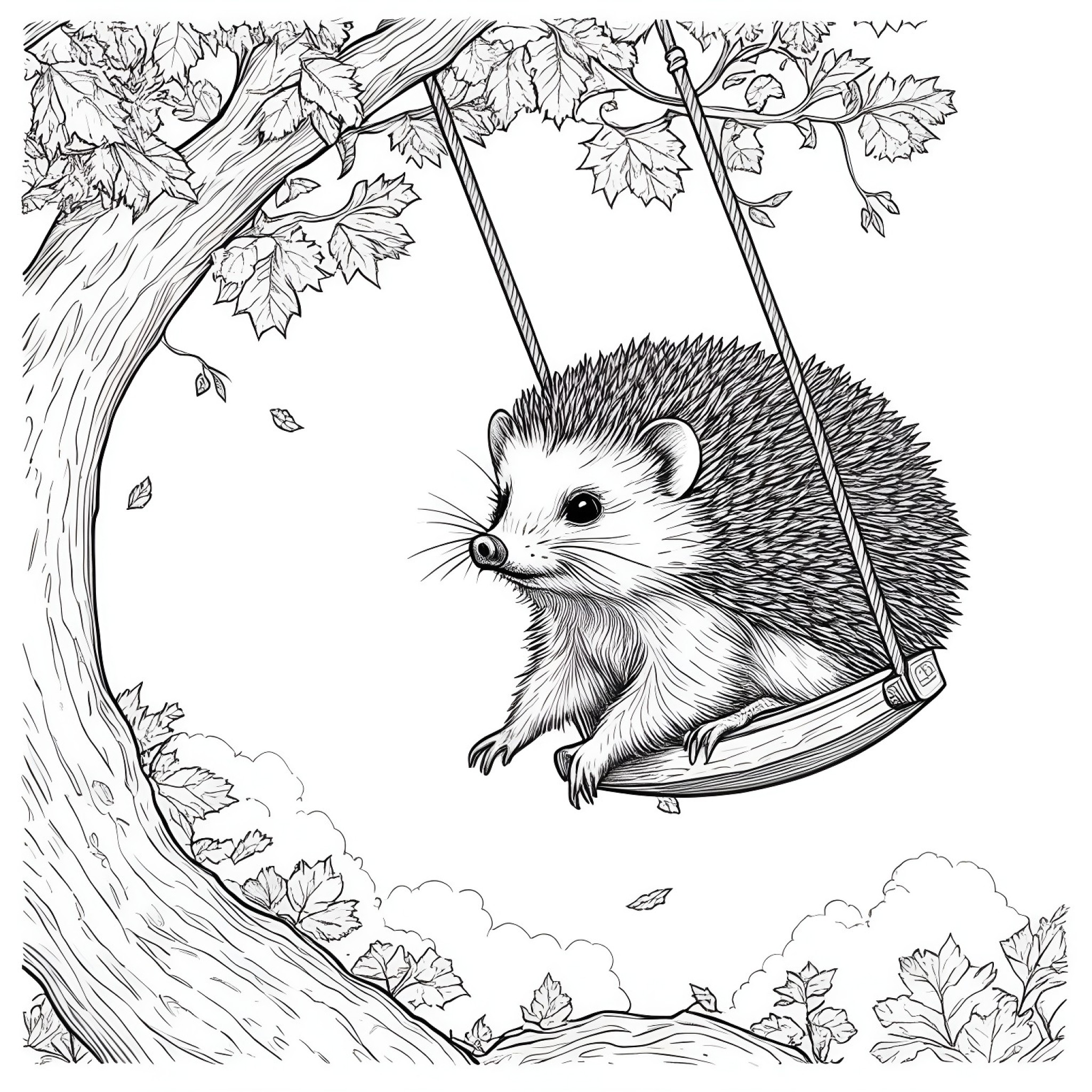 Hedgehog on a swing Coloring Page (free black-and-white line drawing printable PDF for all, from beginners to advanced learners, including children, teens, adults, and seniors)
