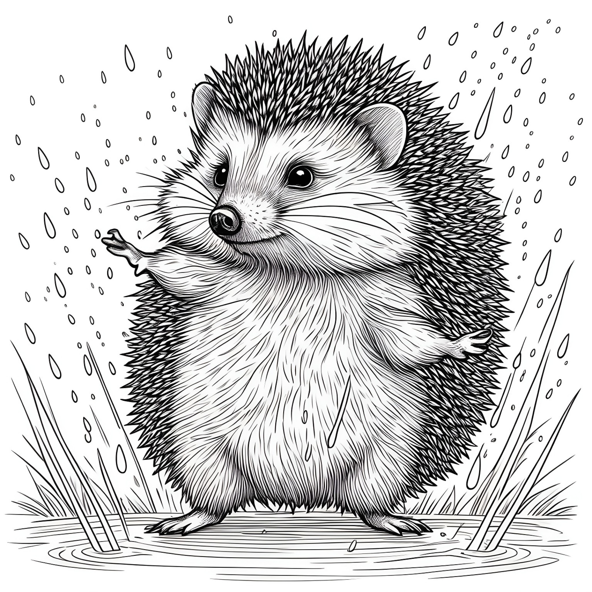 Hedgehog dancing in the rain Coloring Page (free black-and-white line drawing printable PDF for all, from beginners to advanced learners, including children, teens, adults, and seniors)