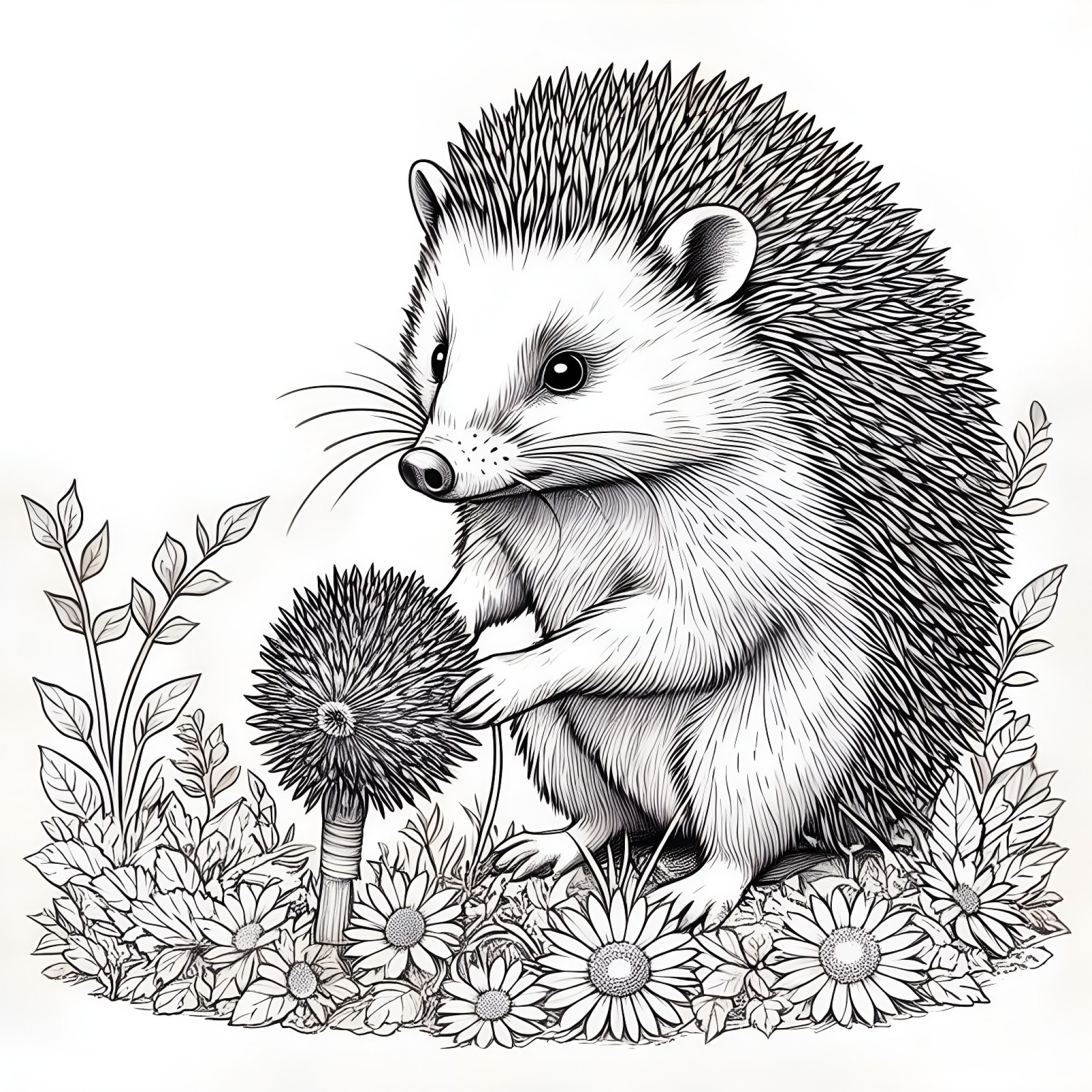 Hedgehog planting a flower garden Coloring Page (free black-and-white line drawing printable PDF for all, from beginners to advanced learners, including children, teens, adults, and seniors)