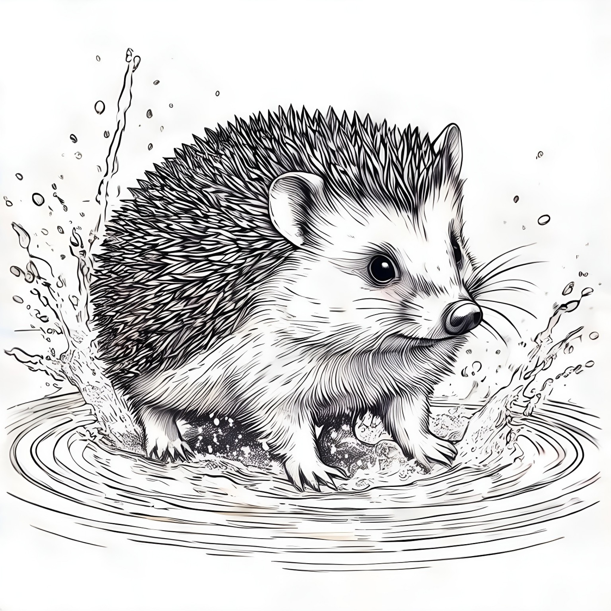 Hedgehog splashing in a puddle Coloring Page (free black-and-white line drawing printable PDF for all, from beginners to advanced learners, including children, teens, adults, and seniors)