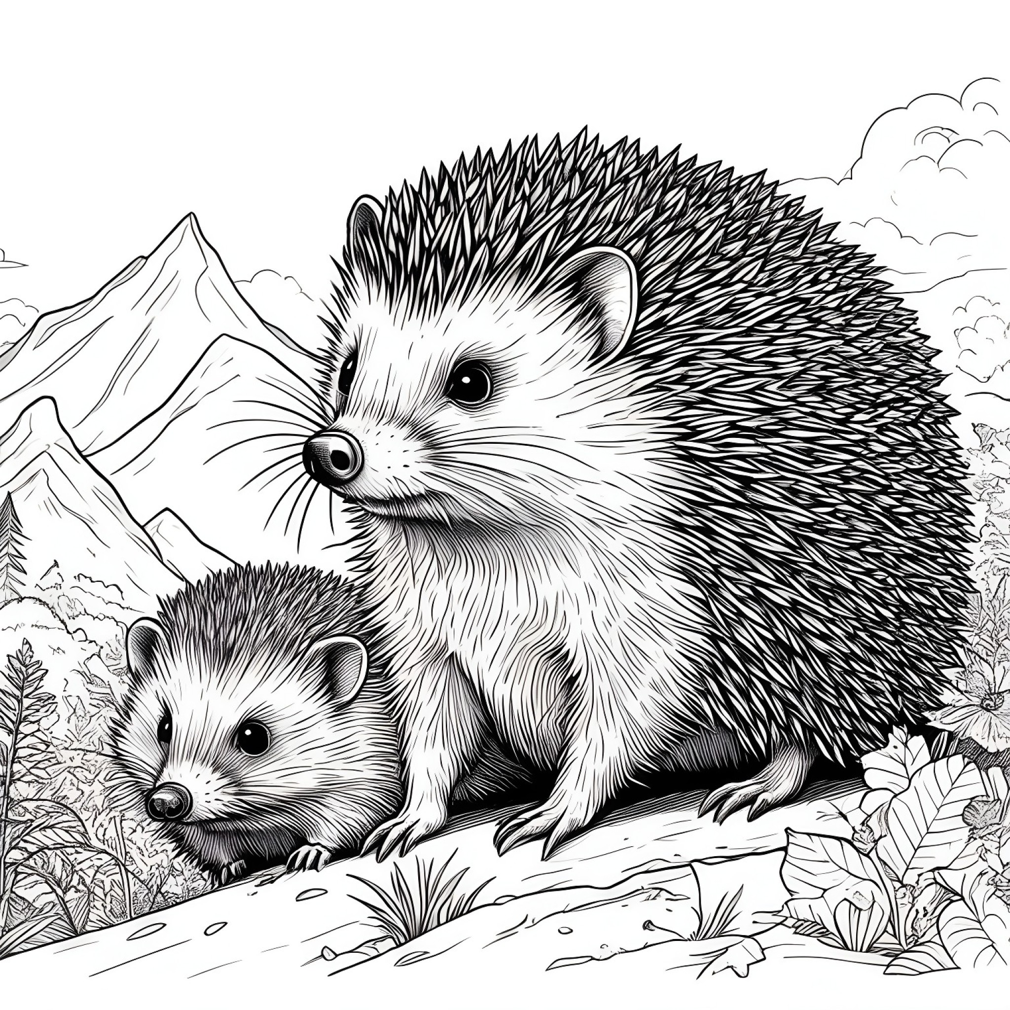 Hedgehog on a mini adventure Coloring Page (free black-and-white line drawing printable PDF for all, from beginners to advanced learners, including children, teens, adults, and seniors)