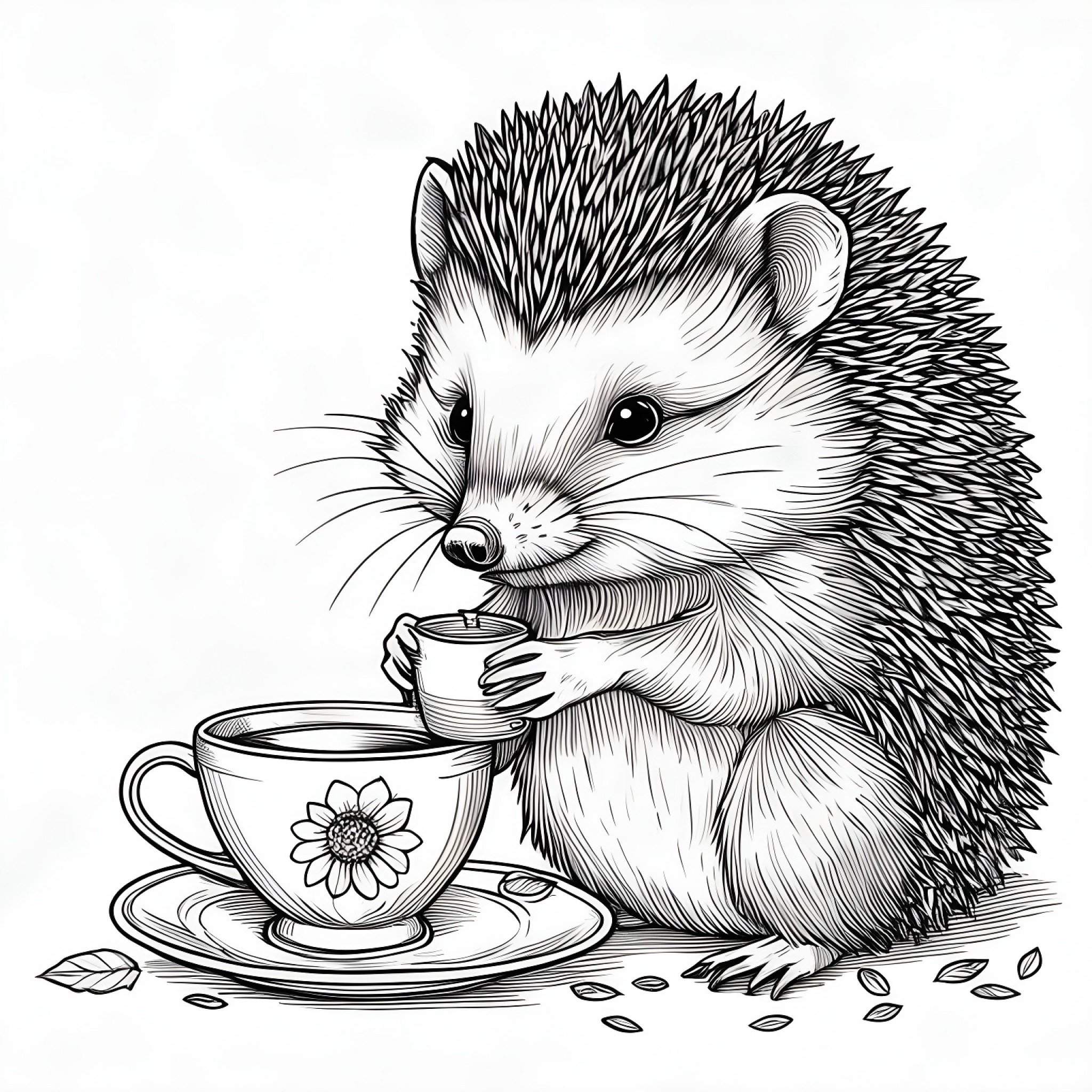 Hedgehog enjoying a cup of tea Coloring Page (free black-and-white line drawing printable PDF for all, from beginners to advanced learners, including children, teens, adults, and seniors)