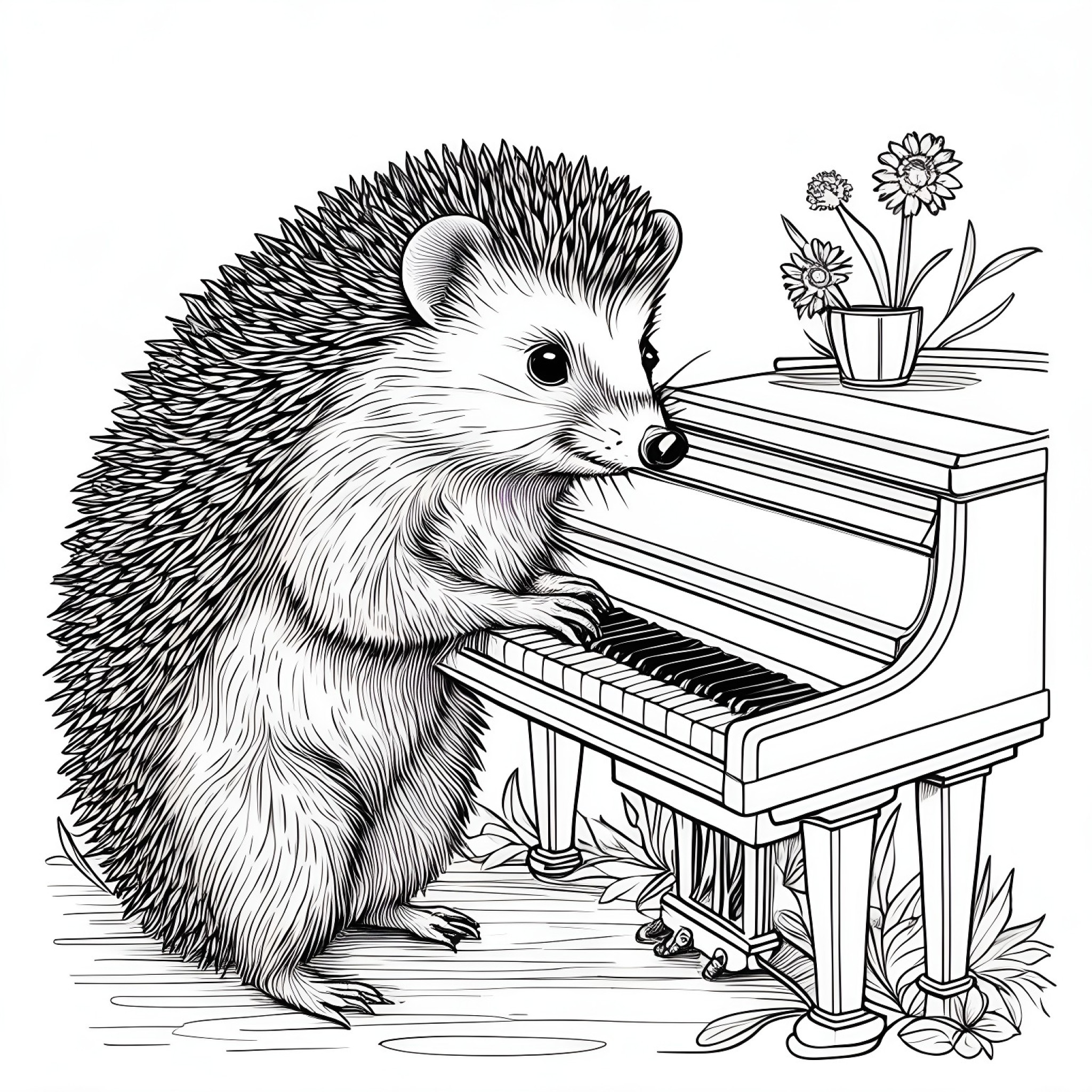 Hedgehog playing a piano Coloring Page (free black-and-white line drawing printable PDF for all, from beginners to advanced learners, including children, teens, adults, and seniors)