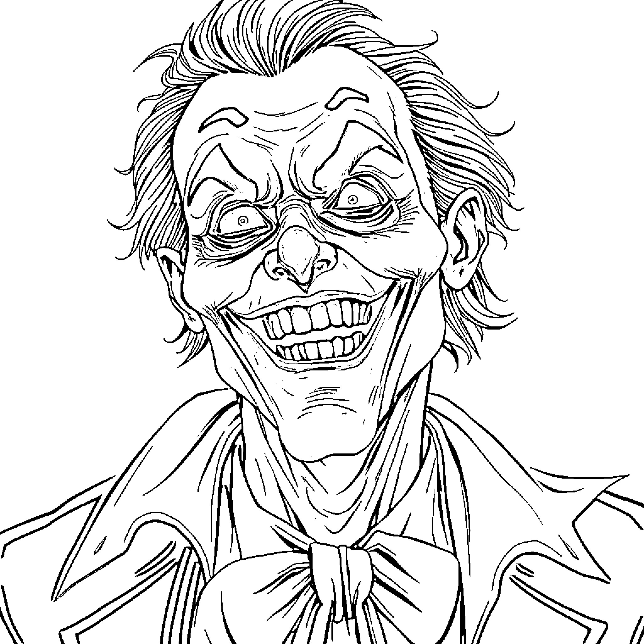 Zombie Joker's Sinister Smile and Maniacal Gaze Coloring Page (free black-and-white line drawing printable PDF for all, from beginners to advanced learners, including children, teens, adults, and seniors)