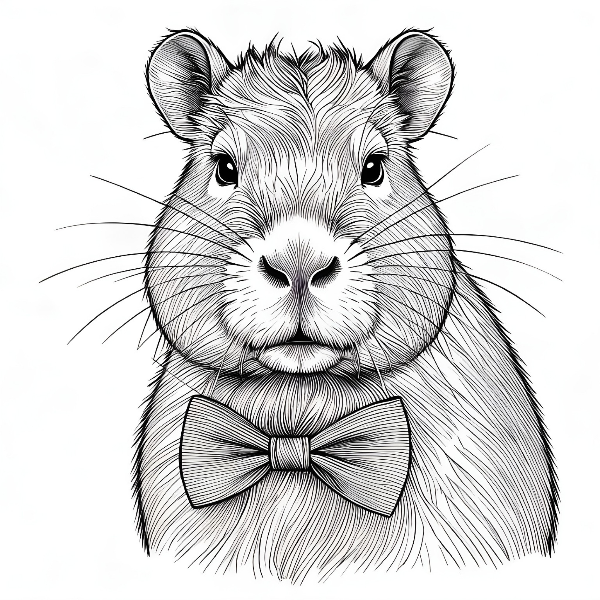 Capybara wearing a bowtie Coloring Page (free black-and-white line drawing printable PDF for all, from beginners to advanced learners, including children, teens, adults, and seniors)
