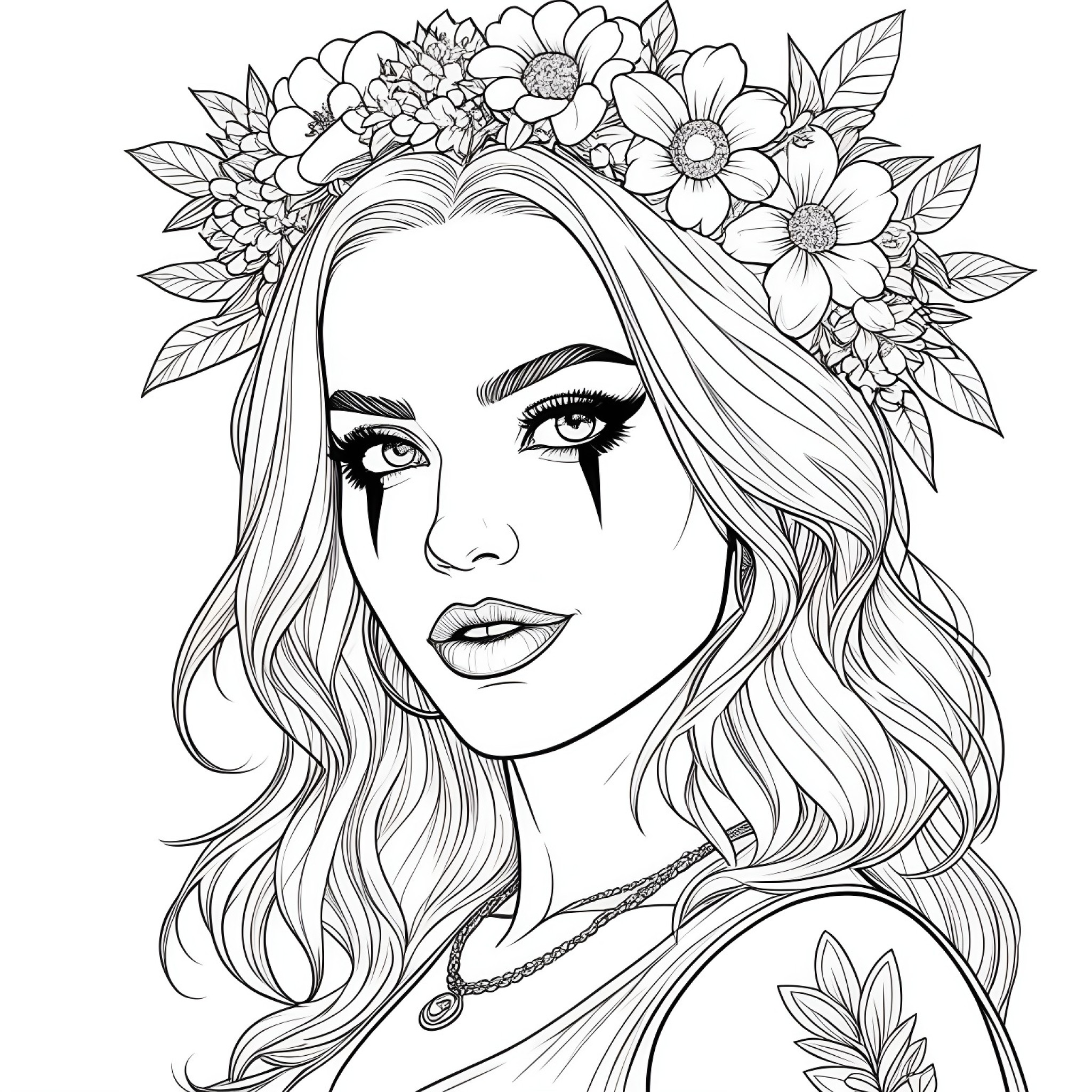 Harley Quinn with a flower crown Coloring Page (free black-and-white line drawing printable PDF for all, from beginners to advanced learners, including children, teens, adults, and seniors)