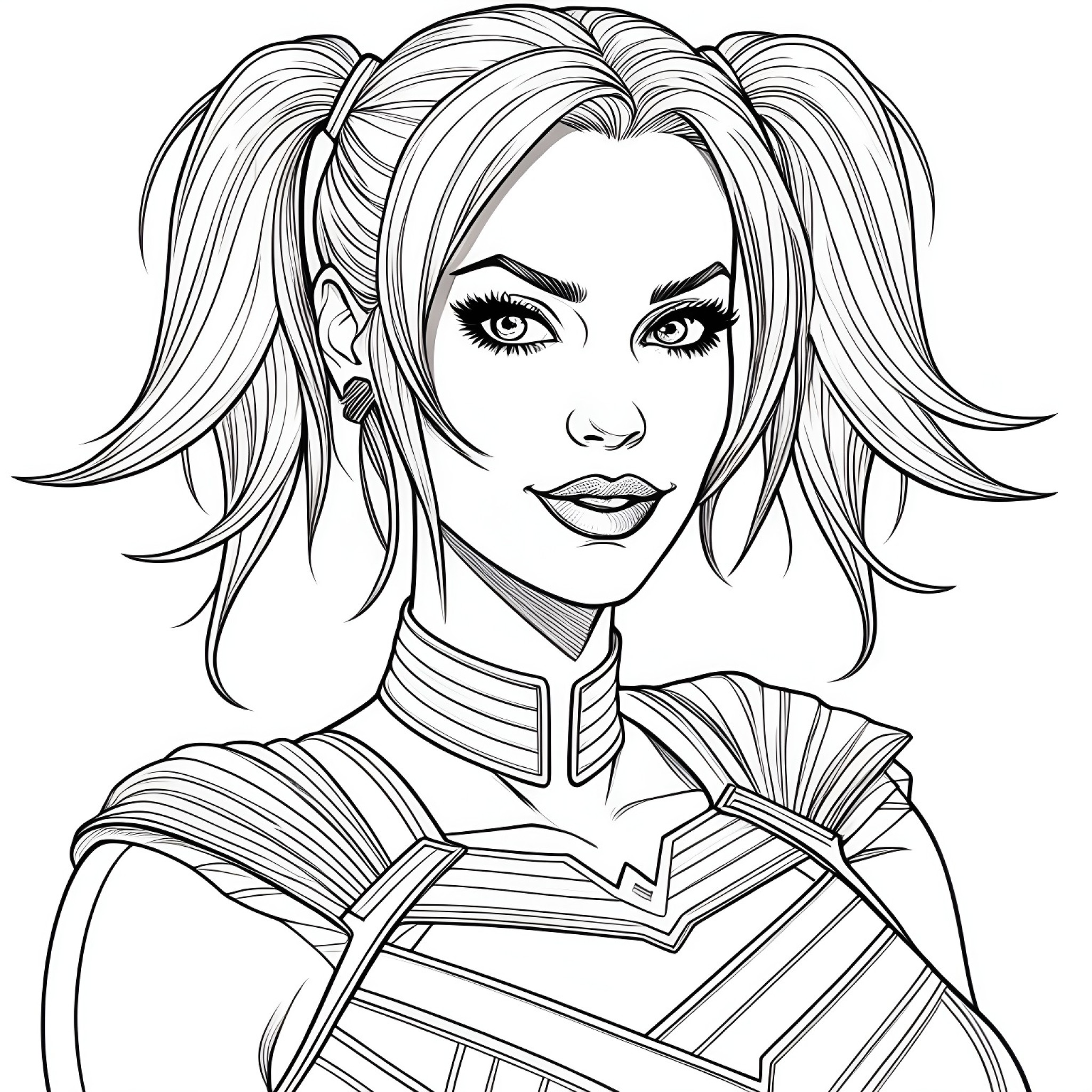 Harley Quinn in a superhero costume Coloring Page (free black-and-white line drawing printable PDF for all, from beginners to advanced learners, including children, teens, adults, and seniors)