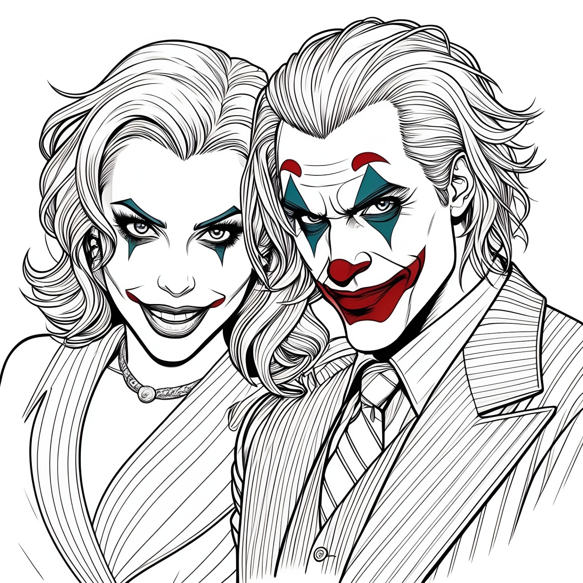 Harley Quinn and Joker Coloring Page (free black-and-white line drawing printable PDF for all, from beginners to advanced learners, including children, teens, adults, and seniors)