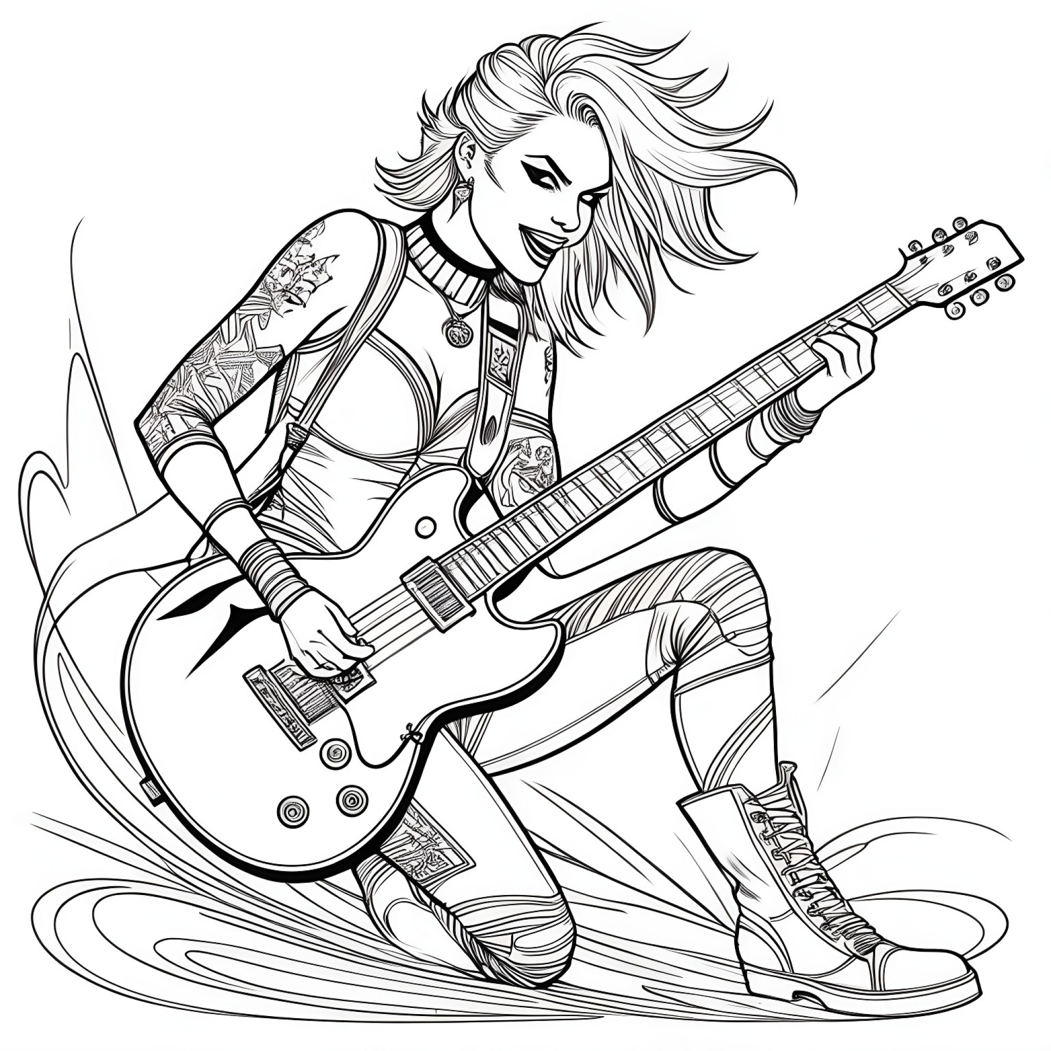 Harley Quinn playing electric guitar Coloring Page (free black-and-white line drawing printable PDF for all, from beginners to advanced learners, including children, teens, adults, and seniors)