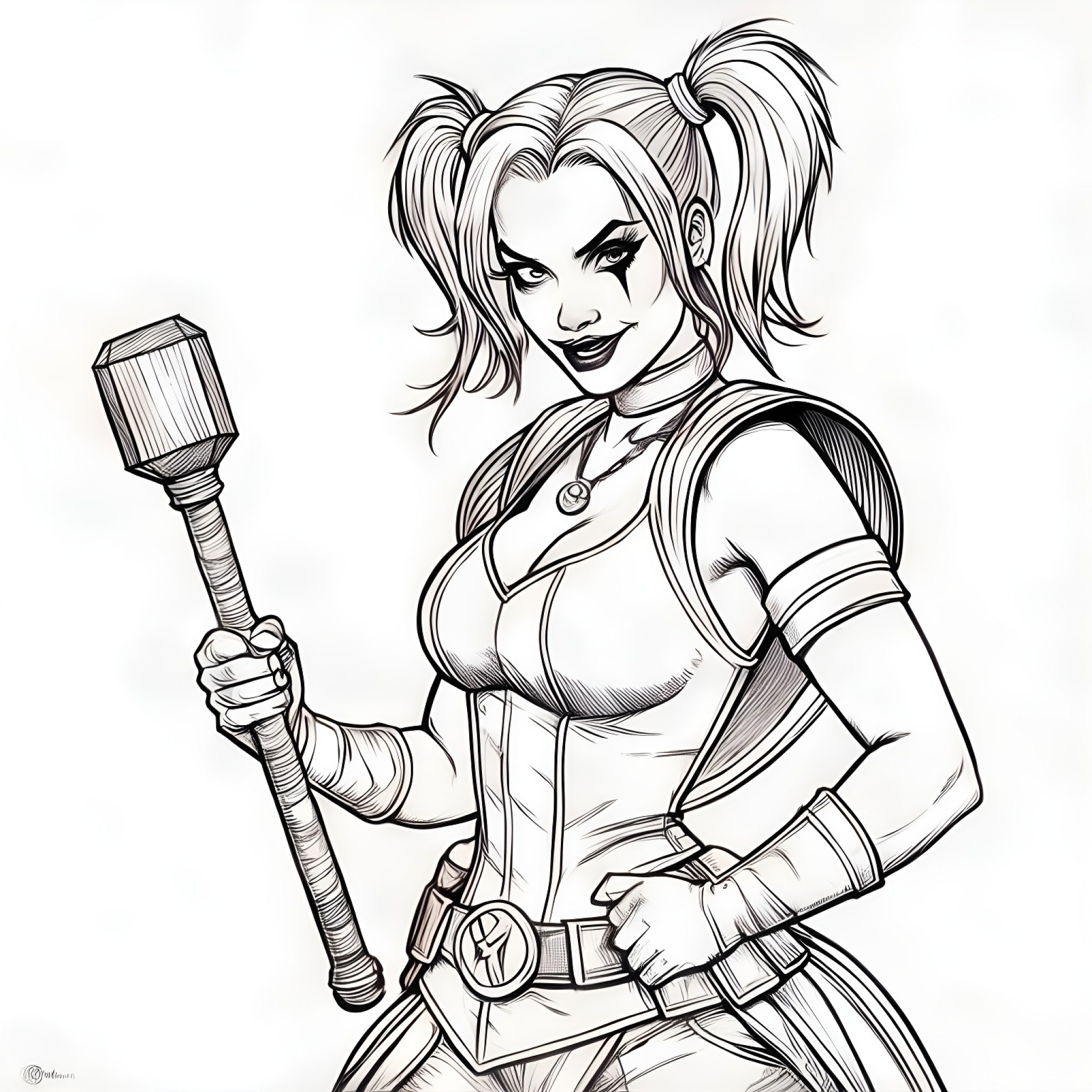 Harley Quinn holding a mallet Coloring Page (free black-and-white line drawing printable PDF for all, from beginners to advanced learners, including children, teens, adults, and seniors)