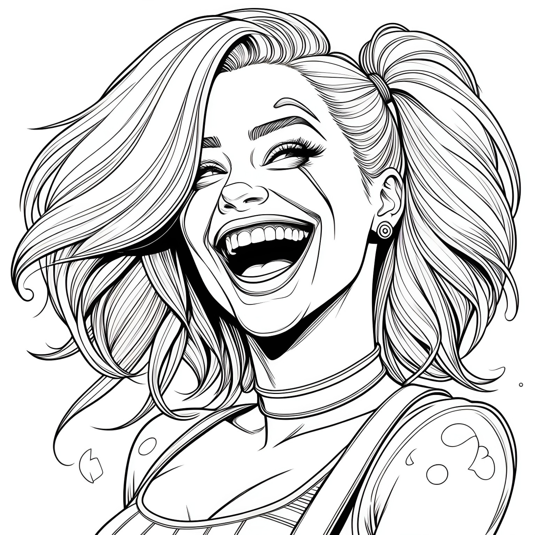 Harley Quinn laughing maniacally Coloring Page (free black-and-white line drawing printable PDF for all, from beginners to advanced learners, including children, teens, adults, and seniors)