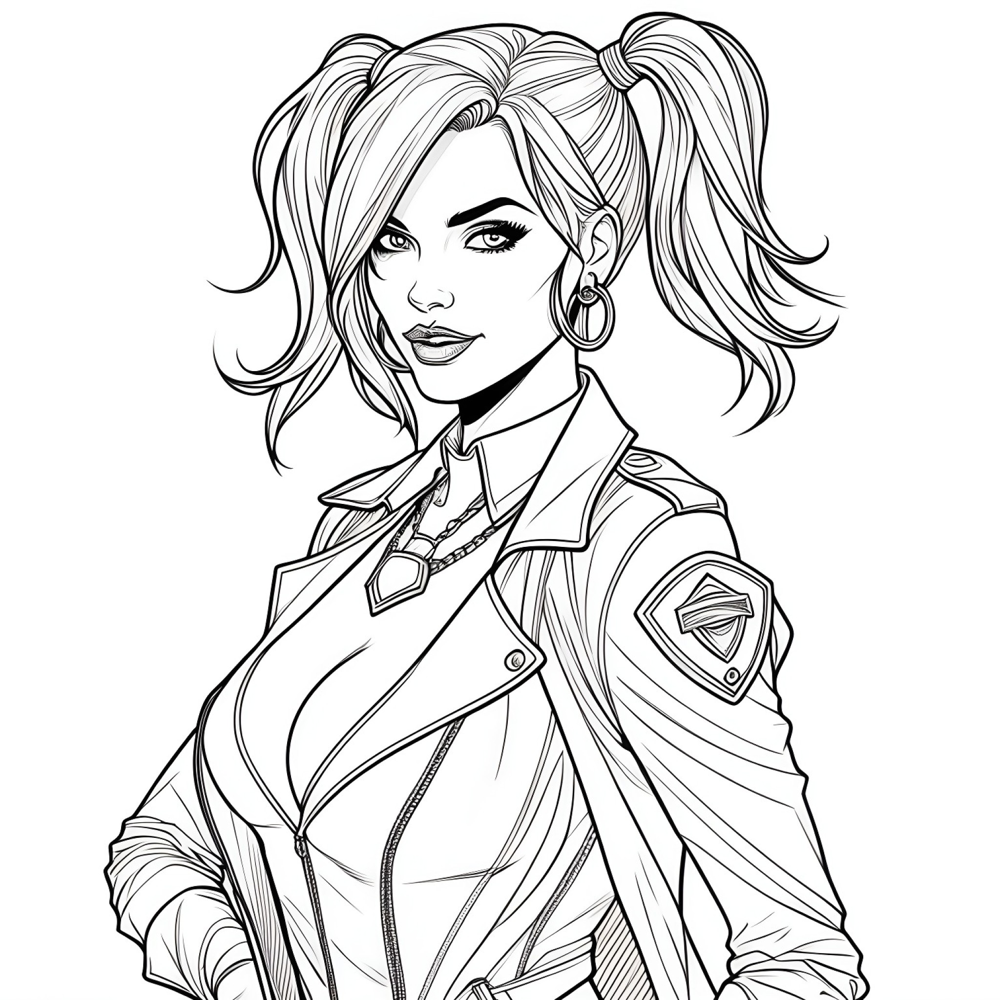 Harley Quinn in a police outfit Coloring Page (free black-and-white line drawing printable PDF for all, from beginners to advanced learners, including children, teens, adults, and seniors)