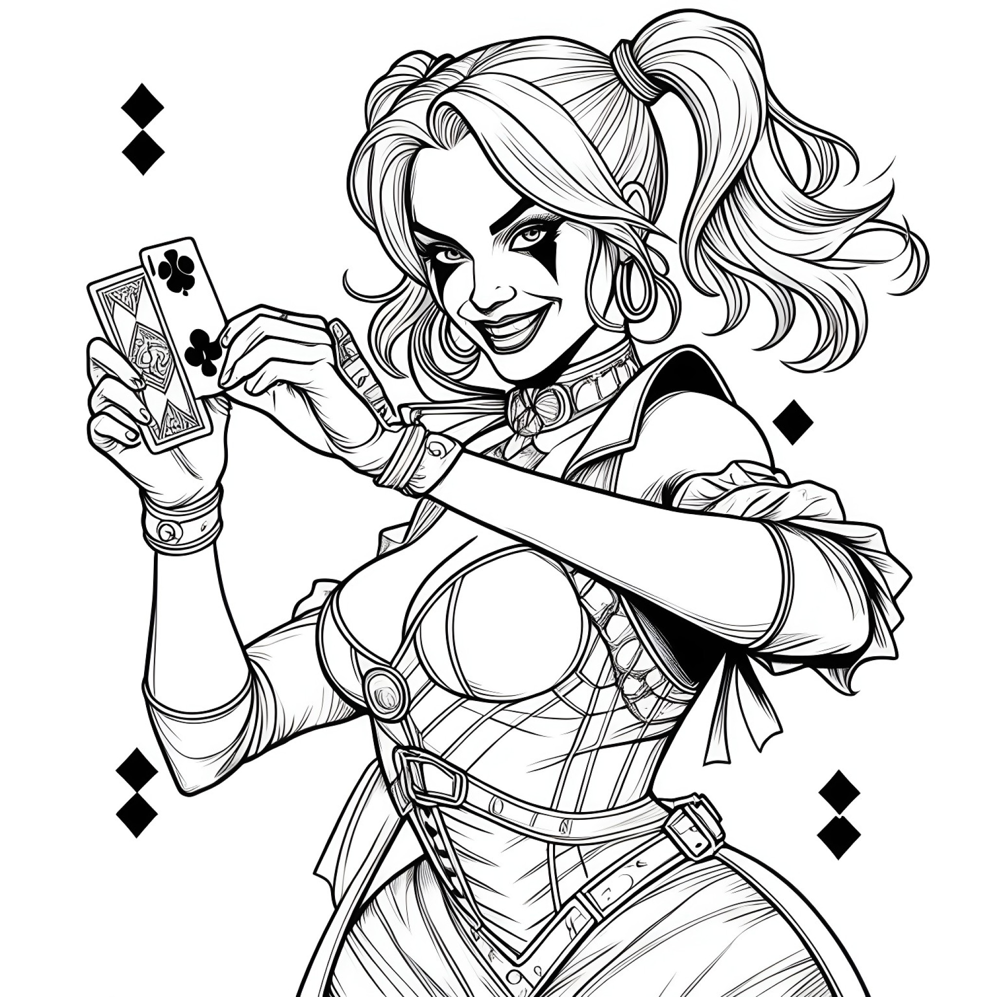 Harley Quinn performing a card trick Coloring Page (free black-and-white line drawing printable PDF for all, from beginners to advanced learners, including children, teens, adults, and seniors)