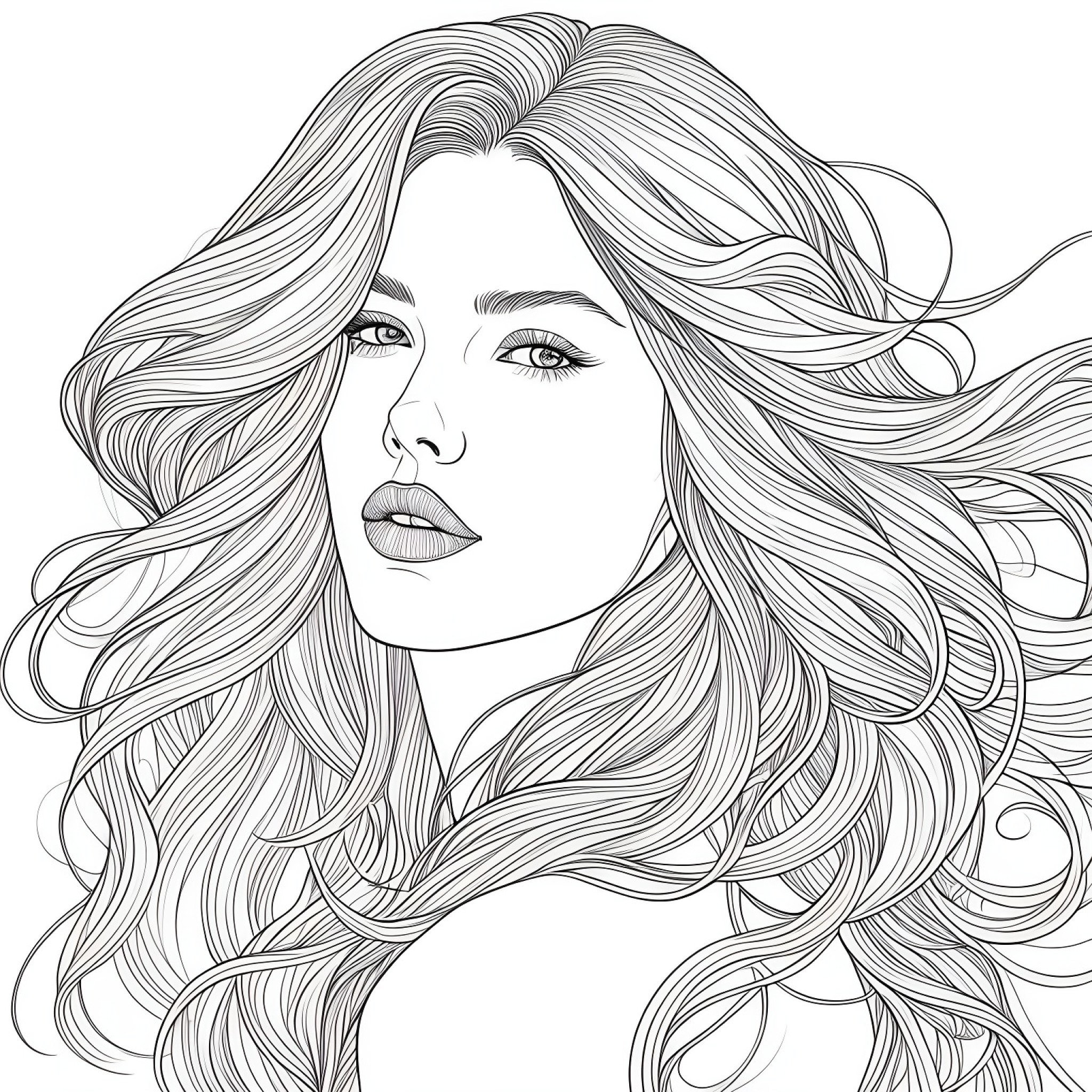 Realistic Adult with flowing hair Coloring Page (free black-and-white line drawing printable PDF for all, from beginners to advanced learners, including children, teens, adults, and seniors)