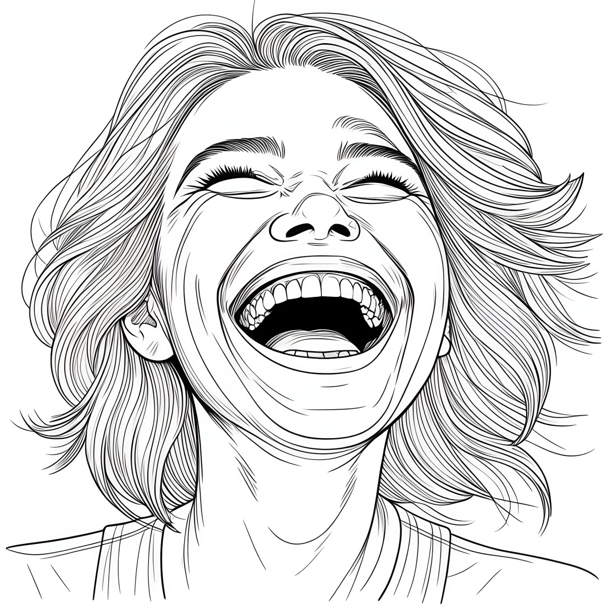 Realistic Adult laughing joyfully Coloring Page (free black-and-white line drawing printable PDF for all, from beginners to advanced learners, including children, teens, adults, and seniors)