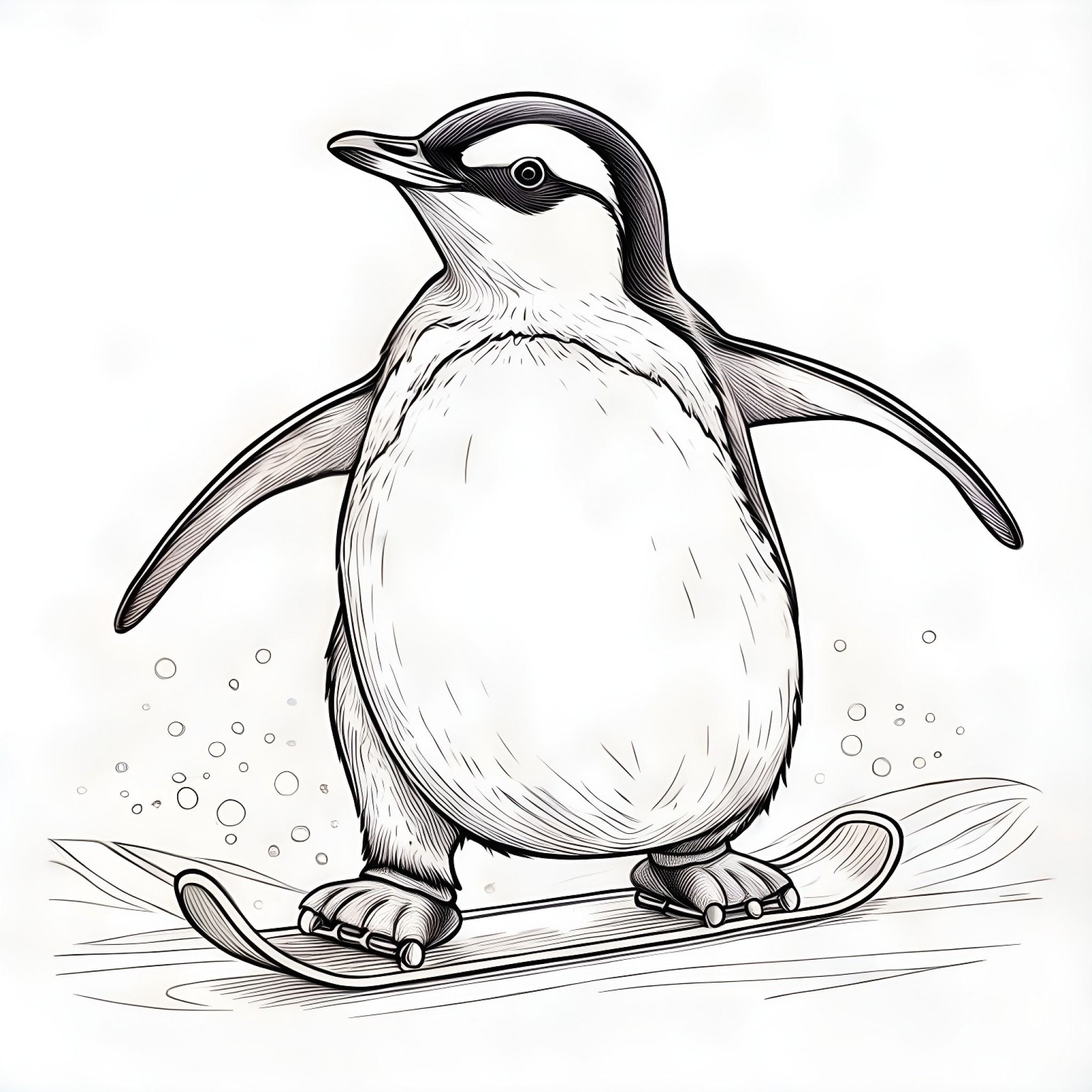 Penguin ice skating Coloring Page (free black-and-white line drawing printable PDF for all, from beginners to advanced learners, including children, teens, adults, and seniors)
