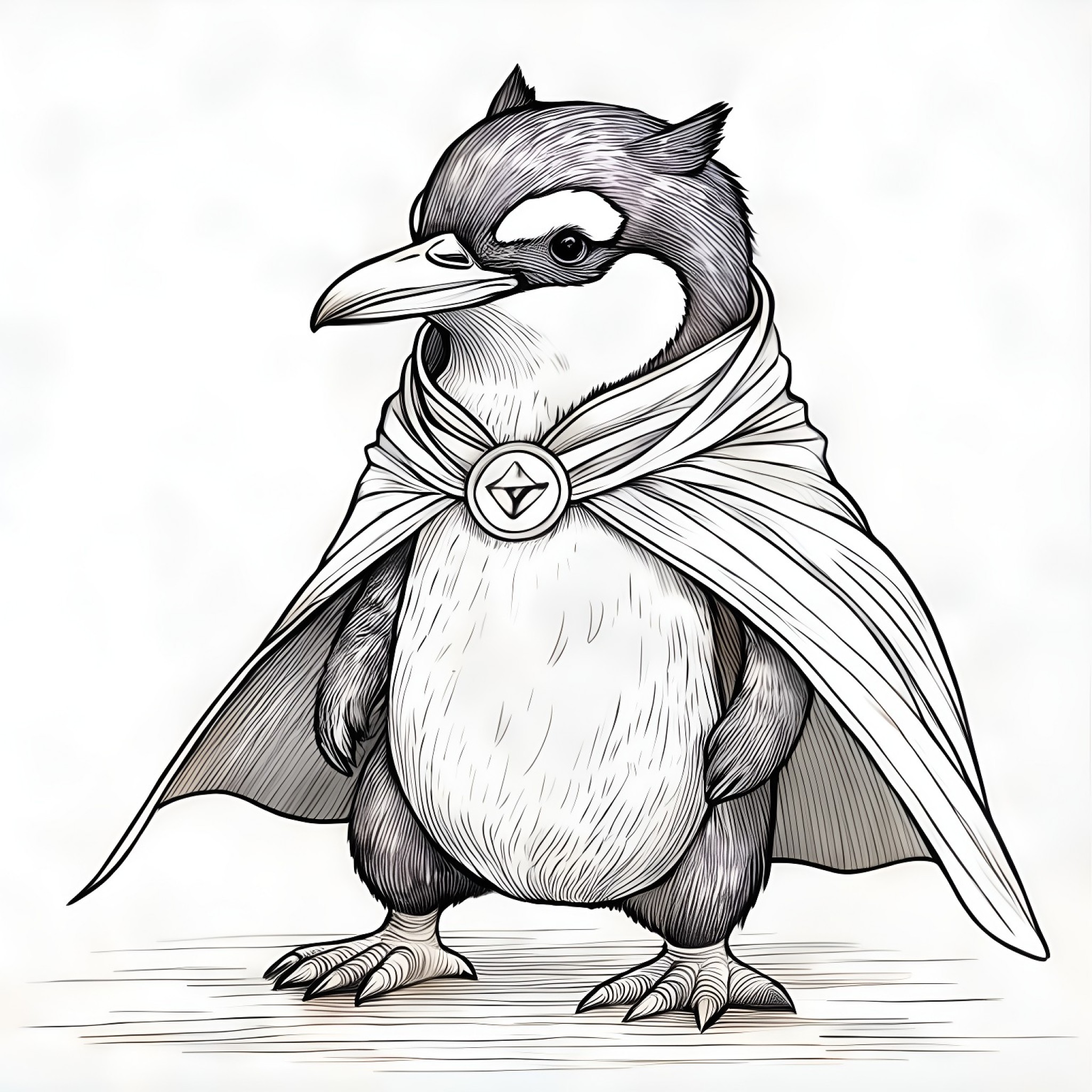 Penguin dressed as a superhero Coloring Page (free black-and-white line drawing printable PDF for all, from beginners to advanced learners, including children, teens, adults, and seniors)