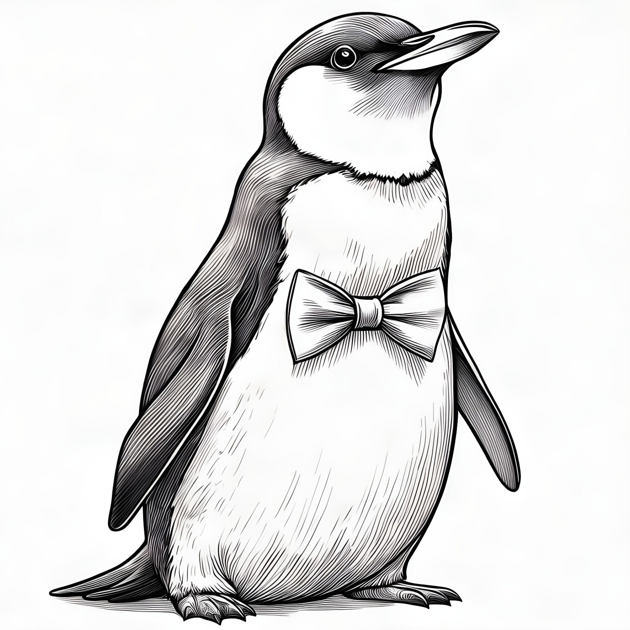 Penguin with a bow tie Coloring Page (free black-and-white line drawing printable PDF for all, from beginners to advanced learners, including children, teens, adults, and seniors)