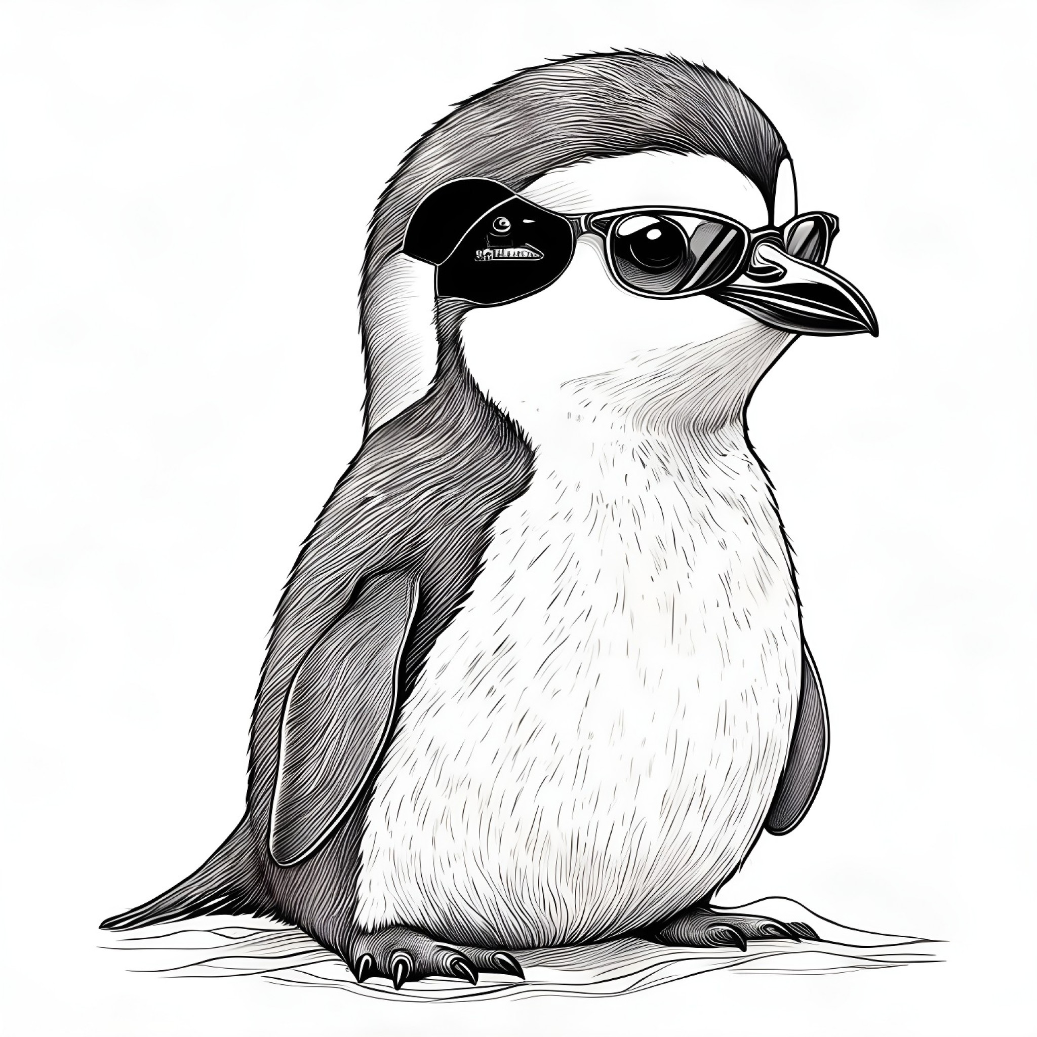 Penguin with sunglasses Coloring Page (free black-and-white line drawing printable PDF for all, from beginners to advanced learners, including children, teens, adults, and seniors)