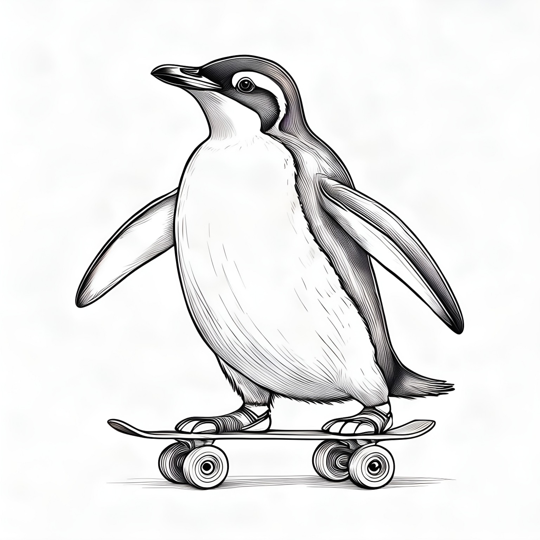 Penguin skateboarding Coloring Page (free black-and-white line drawing printable PDF for all, from beginners to advanced learners, including children, teens, adults, and seniors)