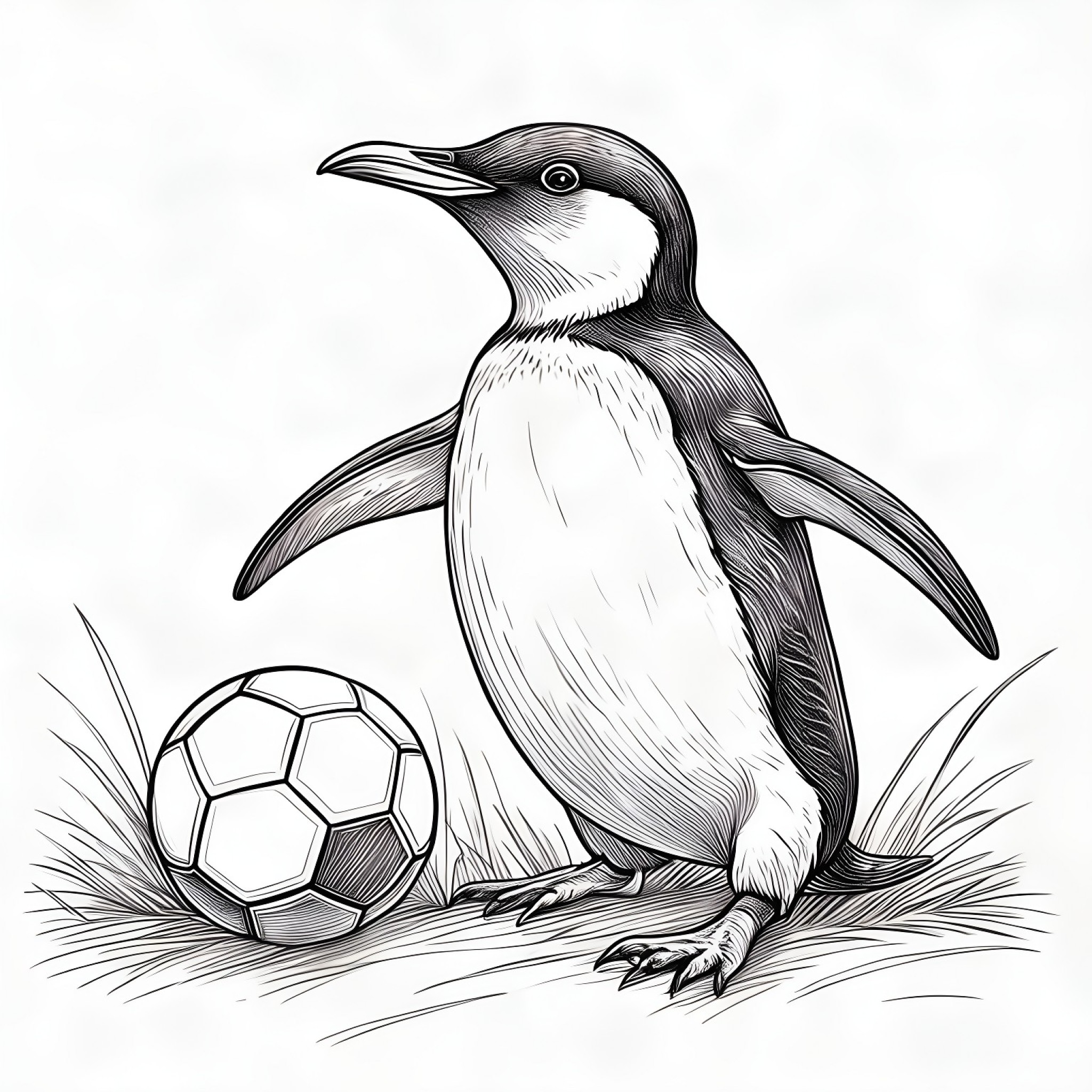 Penguin playing soccer Coloring Page (free black-and-white line drawing printable PDF for all, from beginners to advanced learners, including children, teens, adults, and seniors)