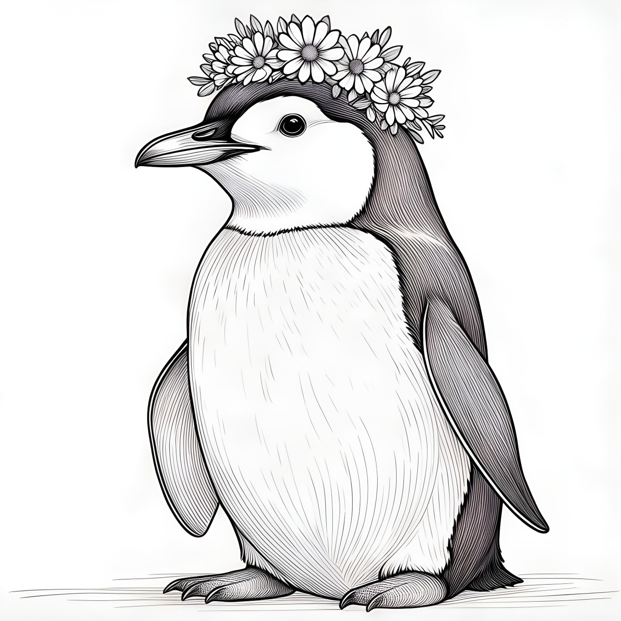 Penguin with a flower crown Coloring Page (free black-and-white line drawing printable PDF for all, from beginners to advanced learners, including children, teens, adults, and seniors)