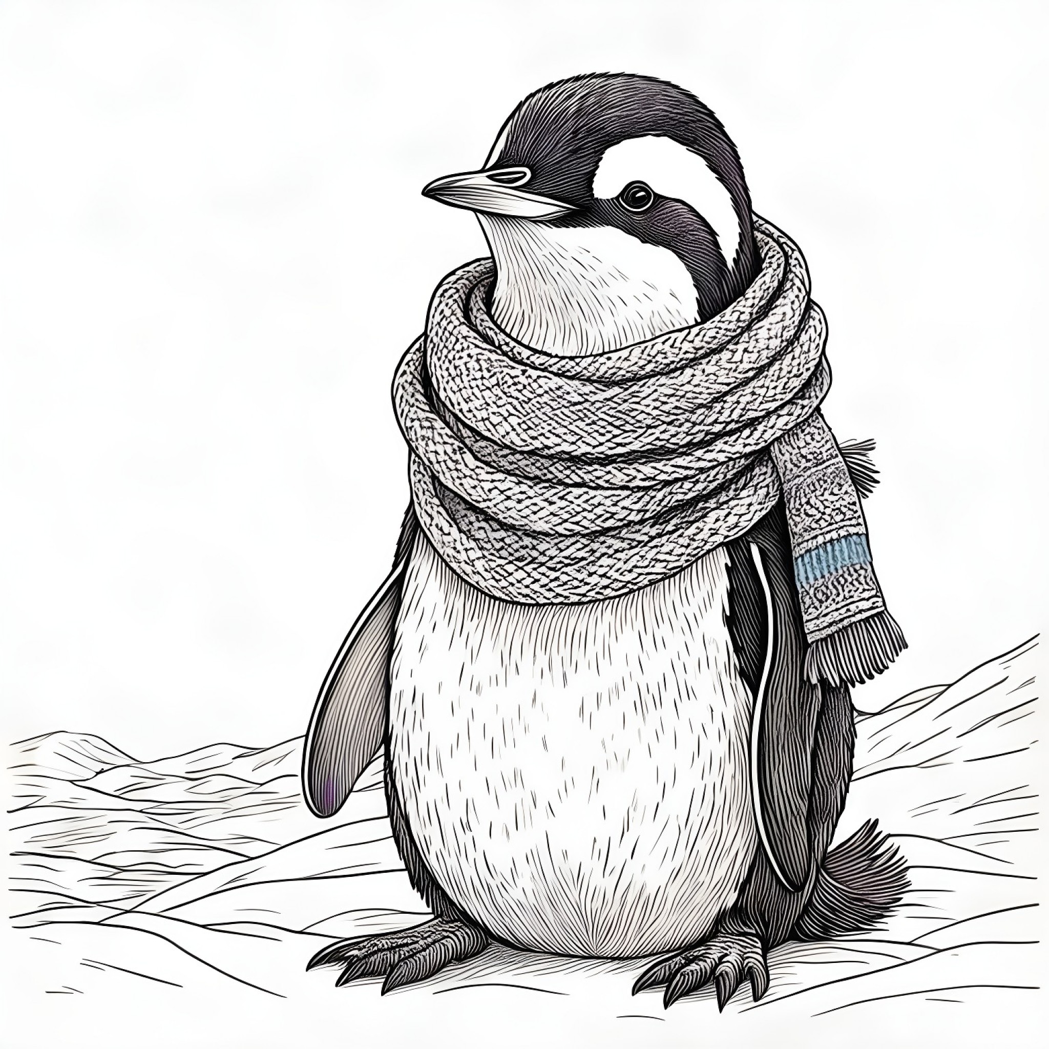 Penguin wearing a scarf Coloring Page (free black-and-white line drawing printable PDF for all, from beginners to advanced learners, including children, teens, adults, and seniors)