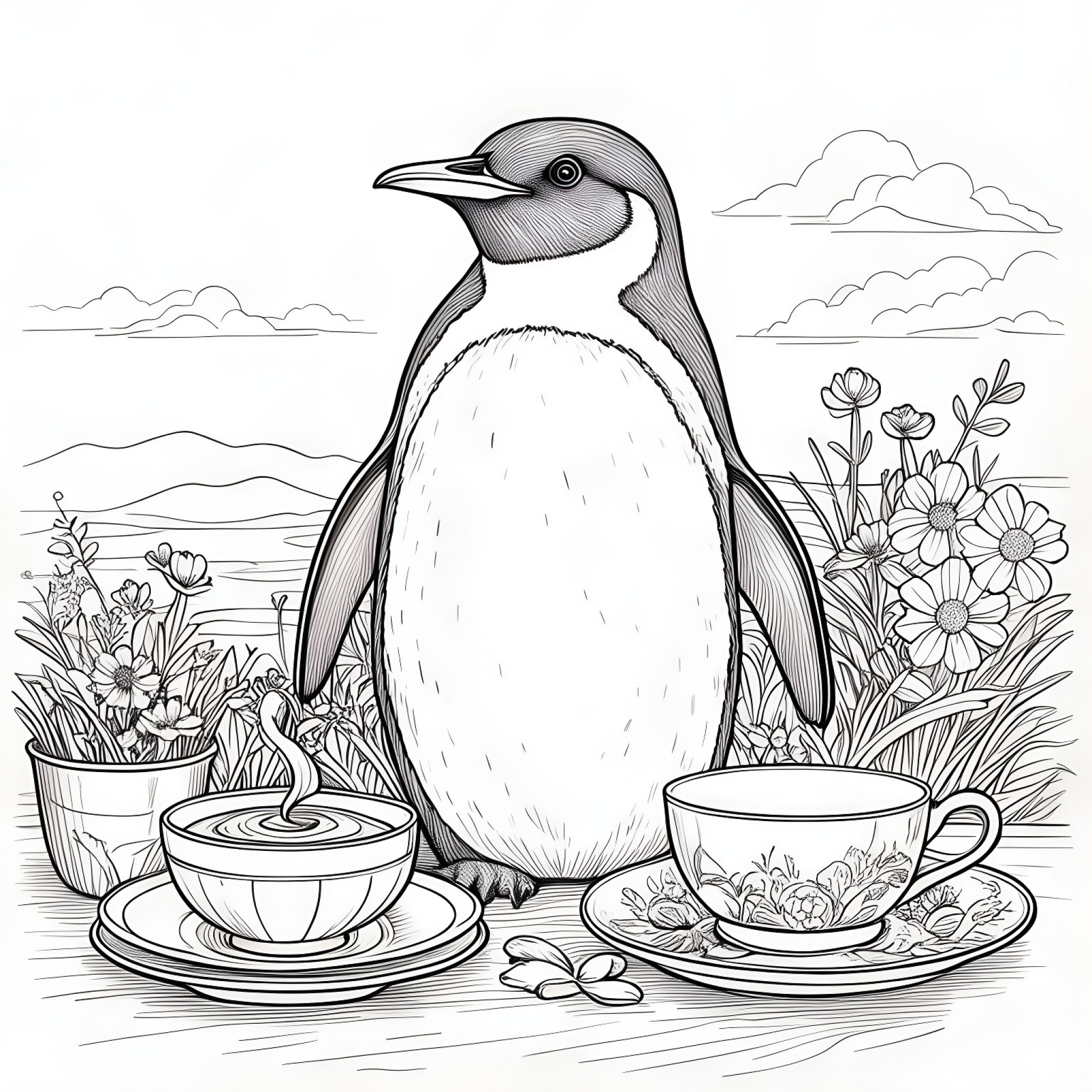 Penguin at a tea party Coloring Page (free black-and-white line drawing printable PDF for all, from beginners to advanced learners, including children, teens, adults, and seniors)