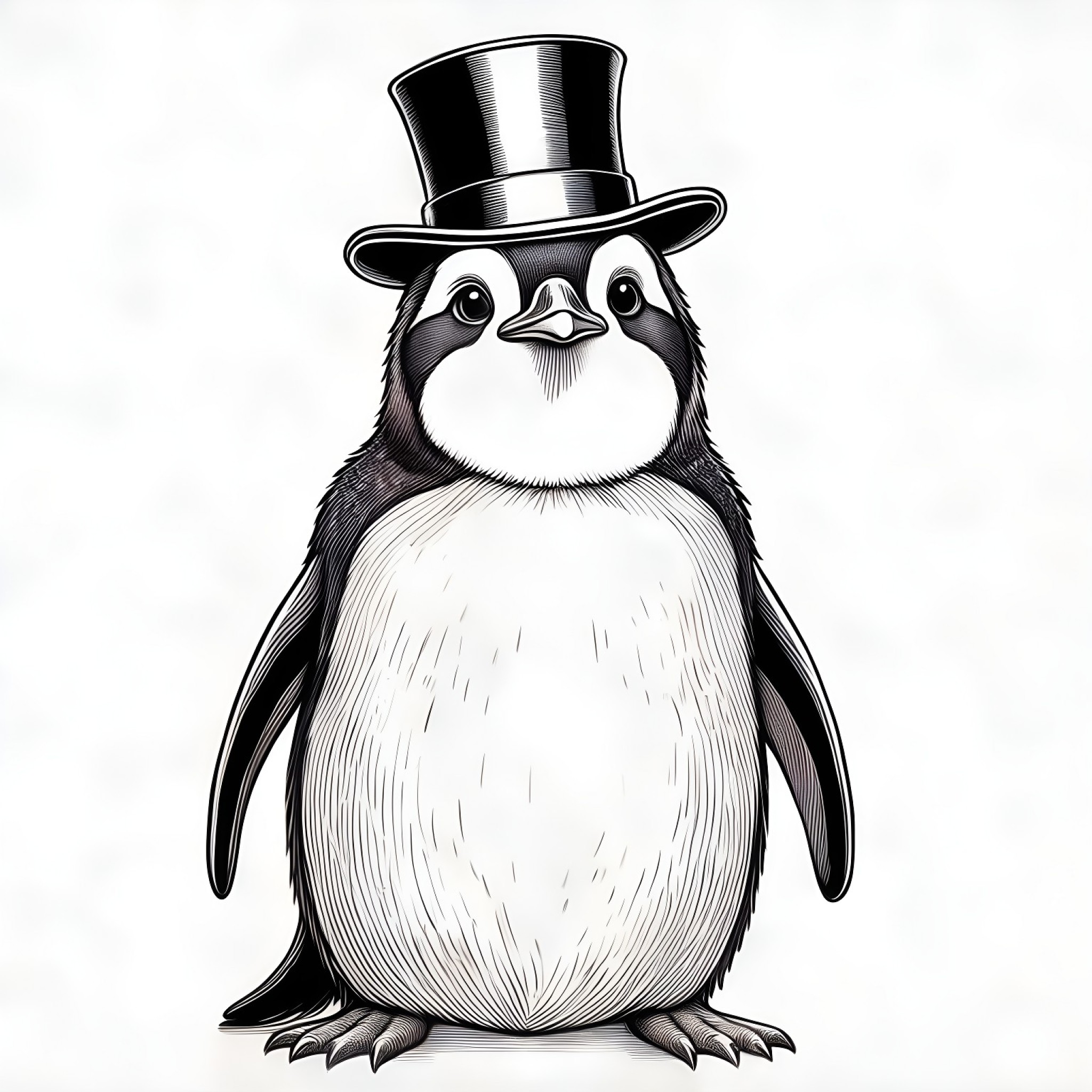 Penguin wearing a top hat Coloring Page (free black-and-white line drawing printable PDF for all, from beginners to advanced learners, including children, teens, adults, and seniors)