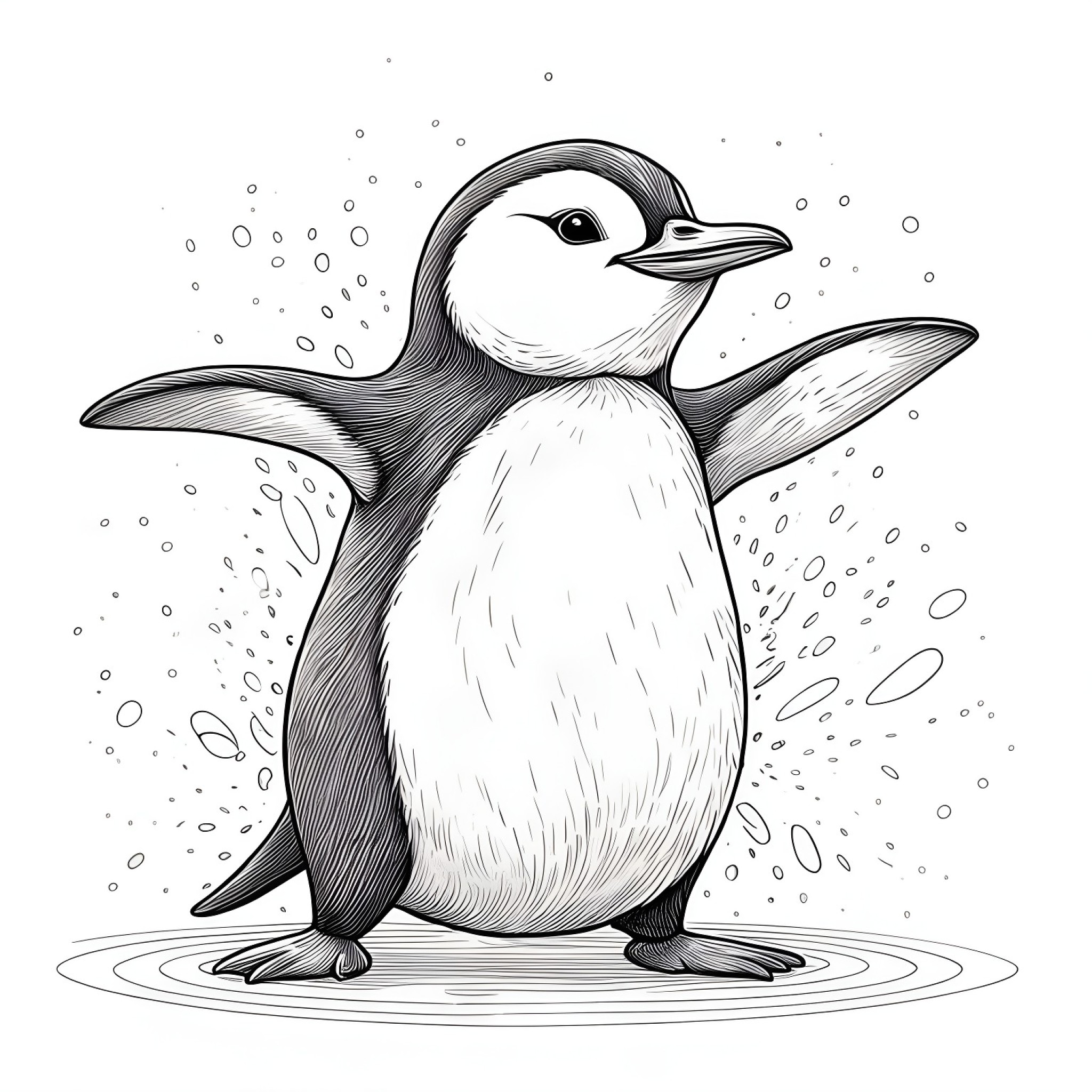 Penguin doing a happy dance Coloring Page (free black-and-white line drawing printable PDF for all, from beginners to advanced learners, including children, teens, adults, and seniors)