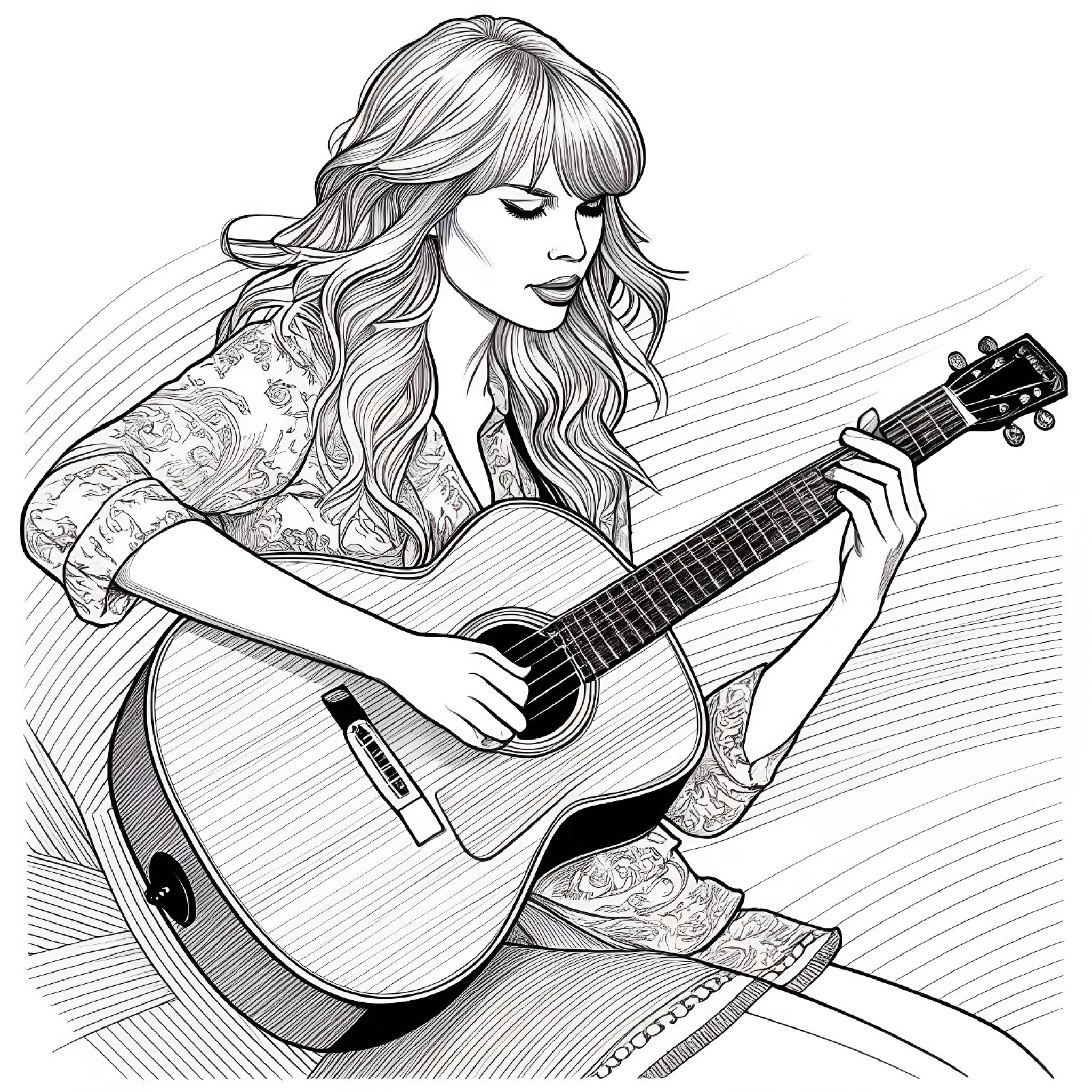 Taylor Swift playing guitar Coloring Page (free black-and-white line drawing printable PDF for all, from beginners to advanced learners, including children, teens, adults, and seniors)