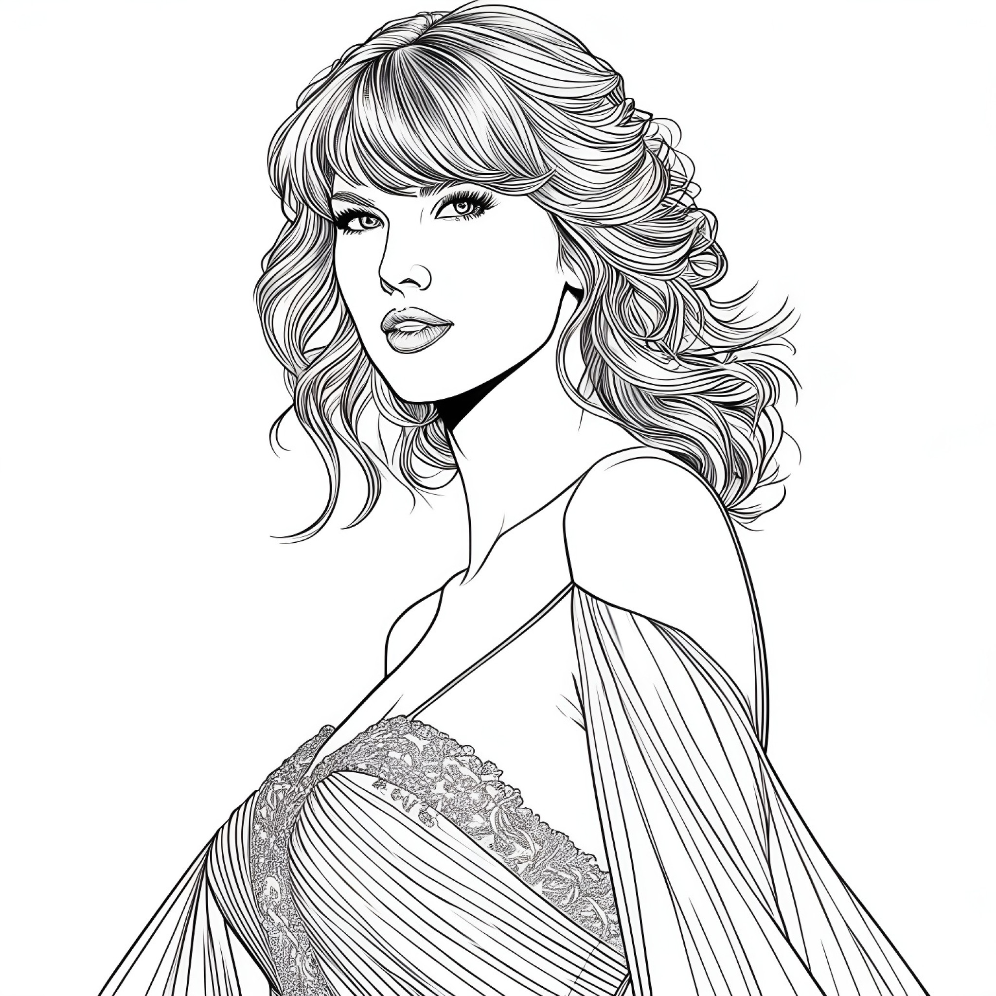 Taylor Swift in a red carpet dress Coloring Page (free black-and-white line drawing printable PDF for all, from beginners to advanced learners, including children, teens, adults, and seniors)