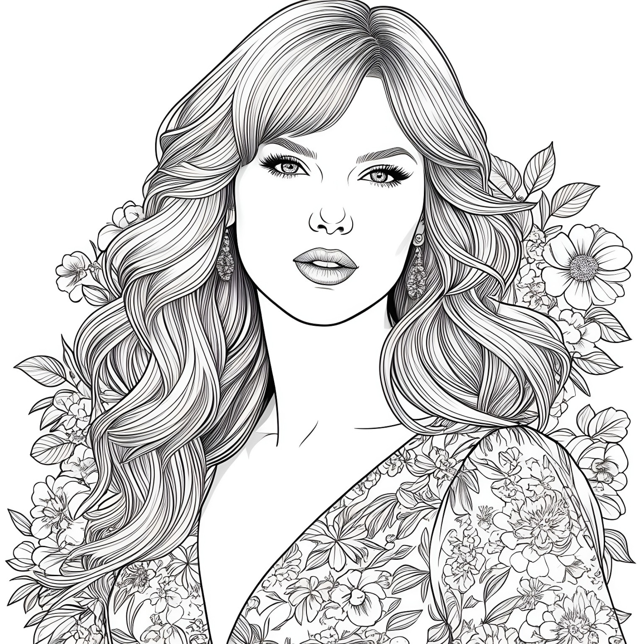Taylor Swift in a floral dress Coloring Page (free black-and-white line drawing printable PDF for all, from beginners to advanced learners, including children, teens, adults, and seniors)