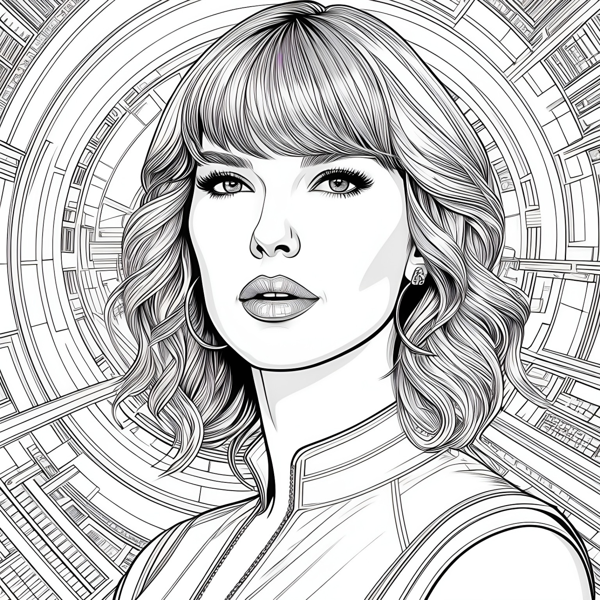 Taylor Swift in a futuristic setting Coloring Page (free black-and-white line drawing printable PDF for all, from beginners to advanced learners, including children, teens, adults, and seniors)