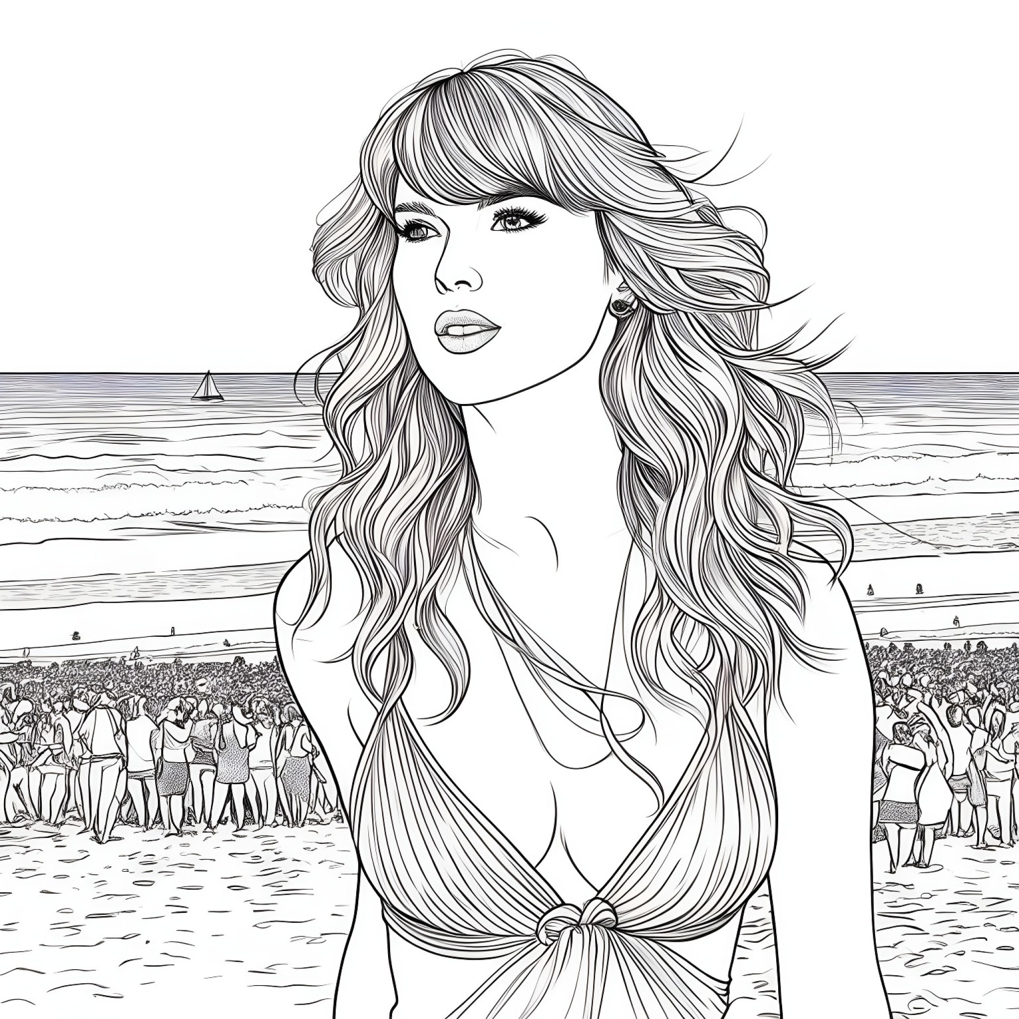 Taylor Swift at a beach concert Coloring Page (free black-and-white line drawing printable PDF for all, from beginners to advanced learners, including children, teens, adults, and seniors)