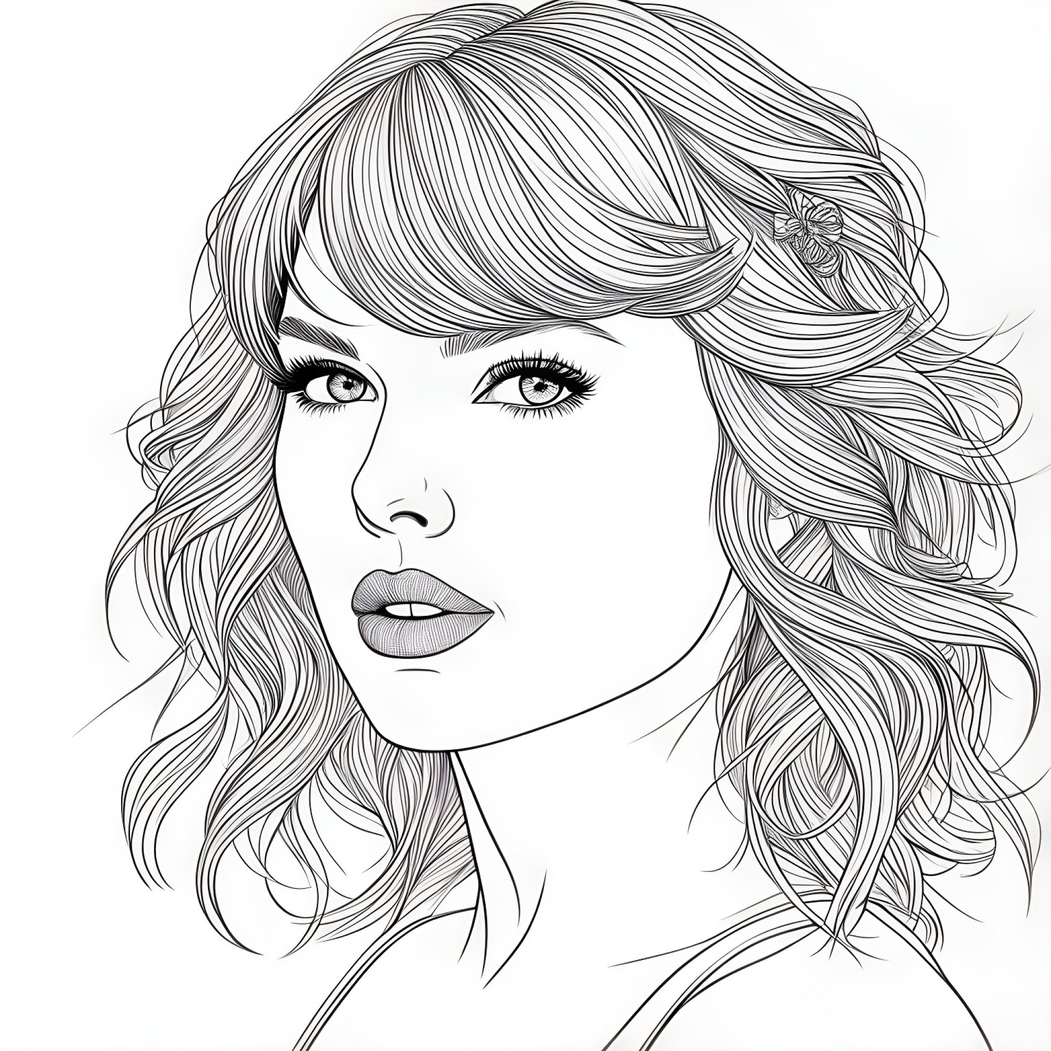 Taylor Swift with a creative hairstyle Coloring Page (free black-and-white line drawing printable PDF for all, from beginners to advanced learners, including children, teens, adults, and seniors)