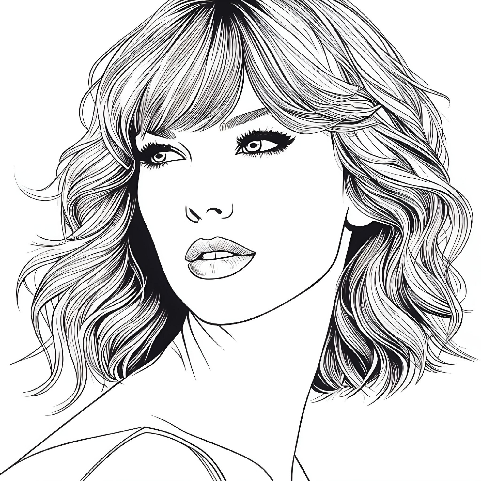 Taylor Swift portrait Coloring Page (free black-and-white line drawing printable PDF for all, from beginners to advanced learners, including children, teens, adults, and seniors)