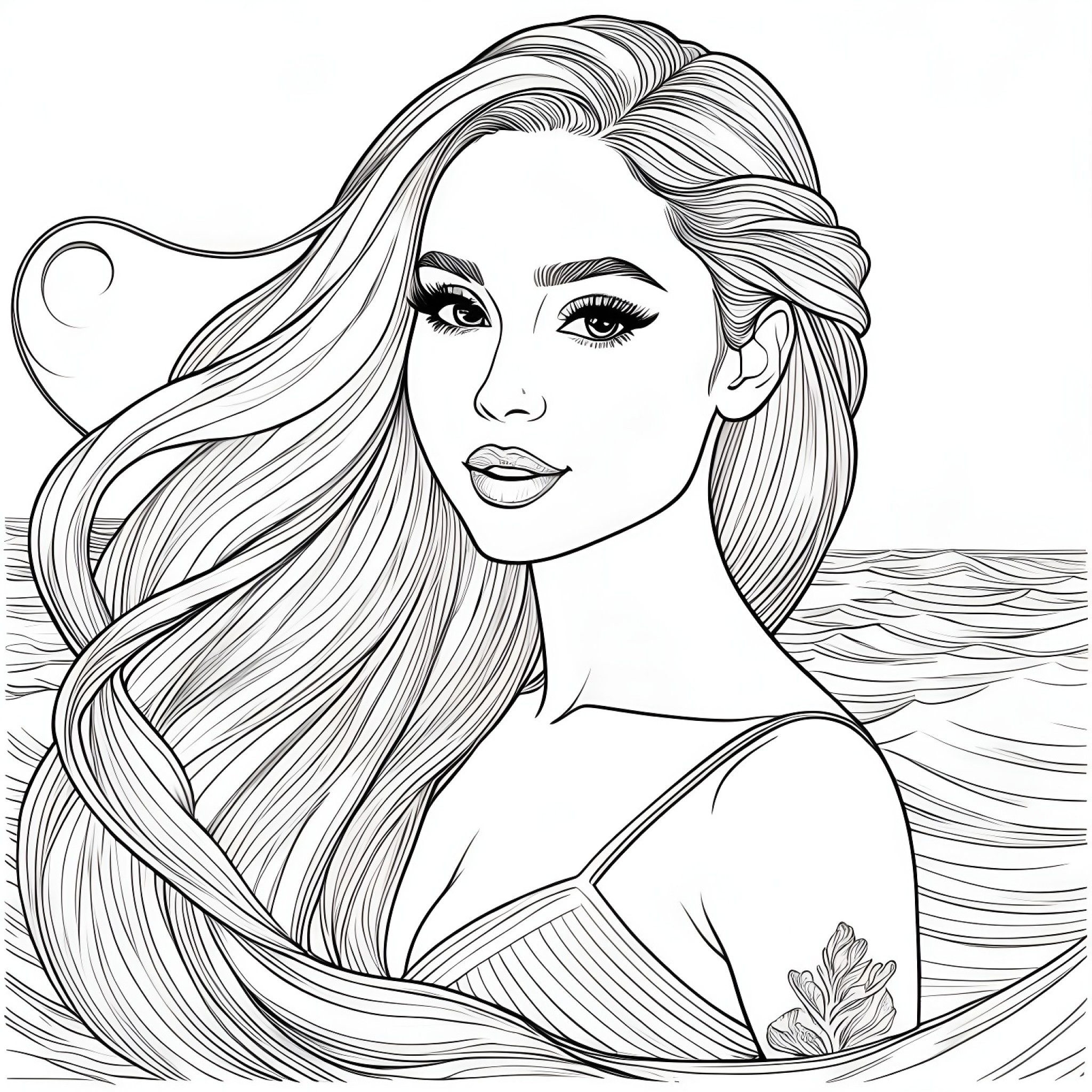 Ariana Grande as a mermaid Coloring Page (free black-and-white line drawing printable PDF for all, from beginners to advanced learners, including children, teens, adults, and seniors)