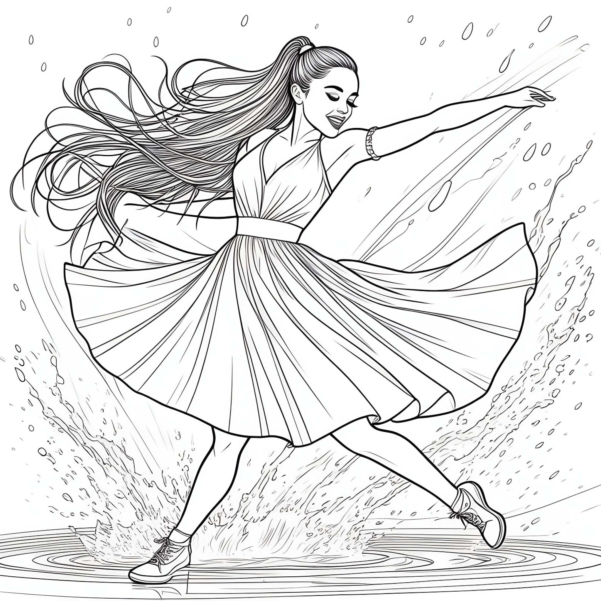 Ariana Grande dancing in the rain Coloring Page (free black-and-white line drawing printable PDF for all, from beginners to advanced learners, including children, teens, adults, and seniors)