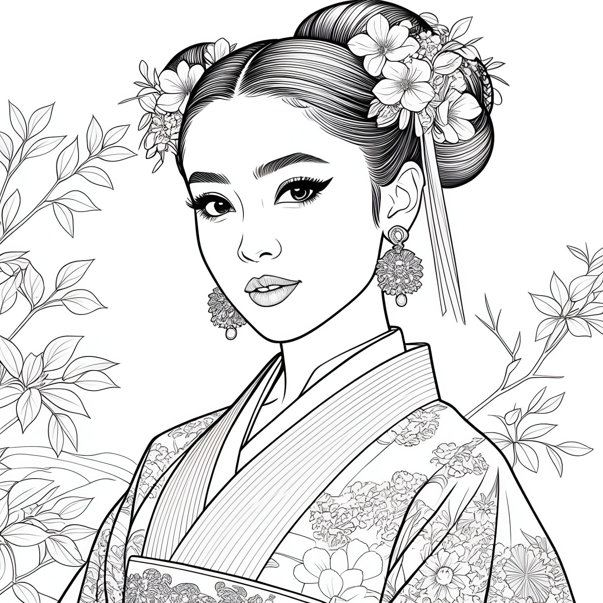 Ariana Grande in traditional Japanese attire Coloring Page (free black-and-white line drawing printable PDF for all, from beginners to advanced learners, including children, teens, adults, and seniors)