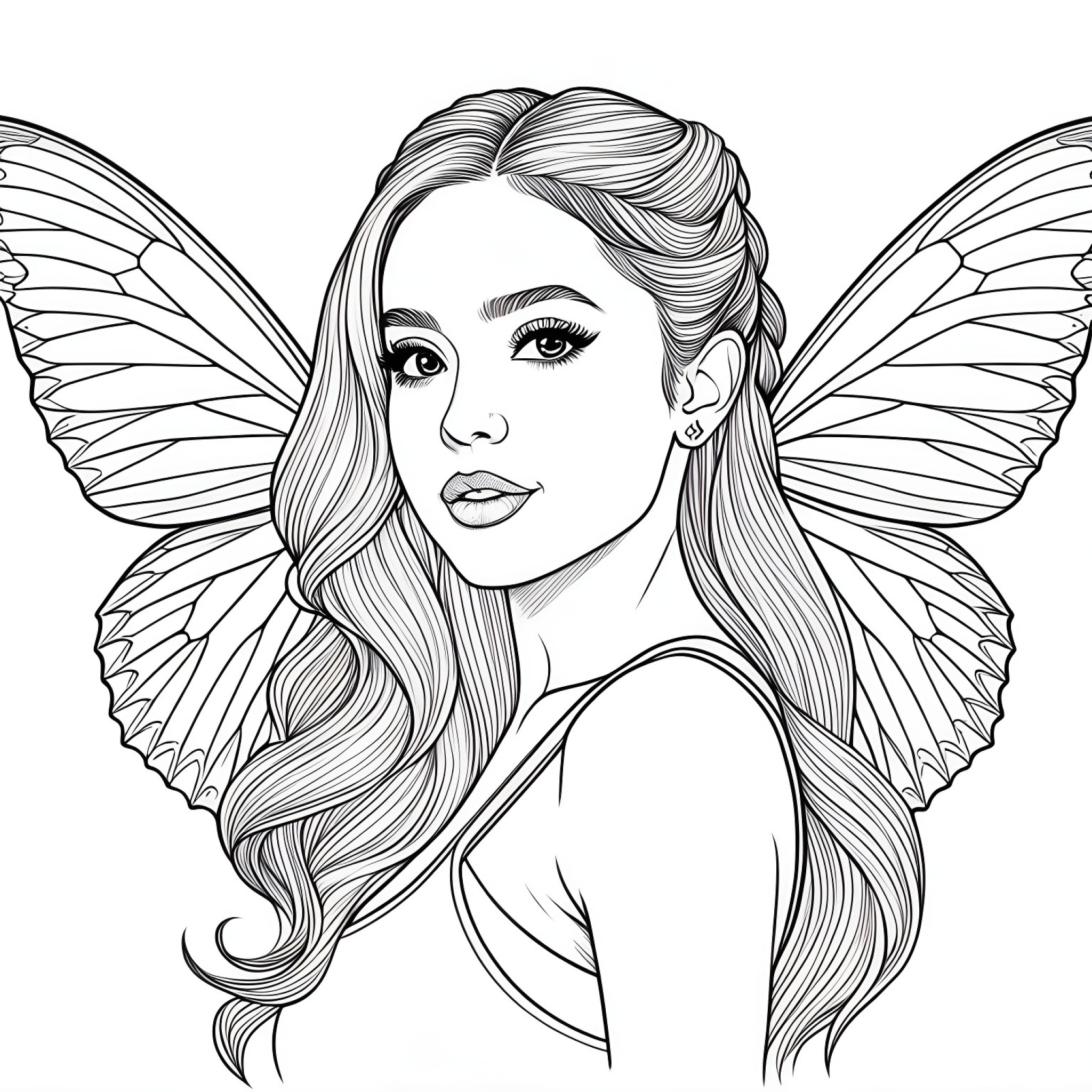 Ariana Grande with colorful butterfly wings Coloring Page (free black-and-white line drawing printable PDF for all, from beginners to advanced learners, including children, teens, adults, and seniors)