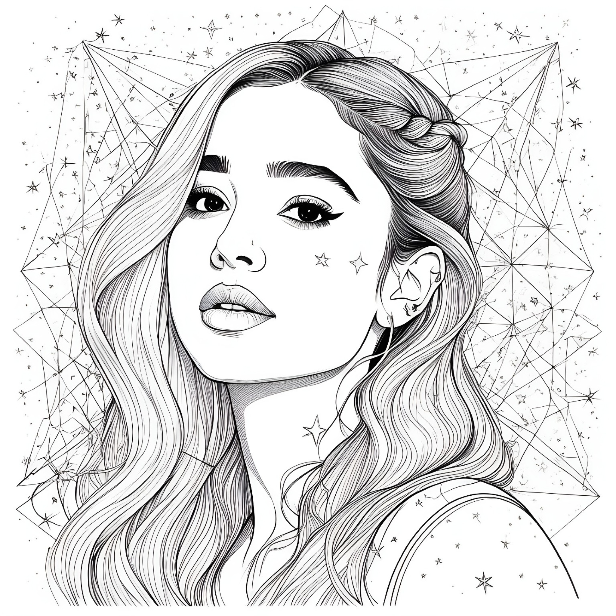 Ariana Grande surrounded by constellations Coloring Page (free black-and-white line drawing printable PDF for all, from beginners to advanced learners, including children, teens, adults, and seniors)