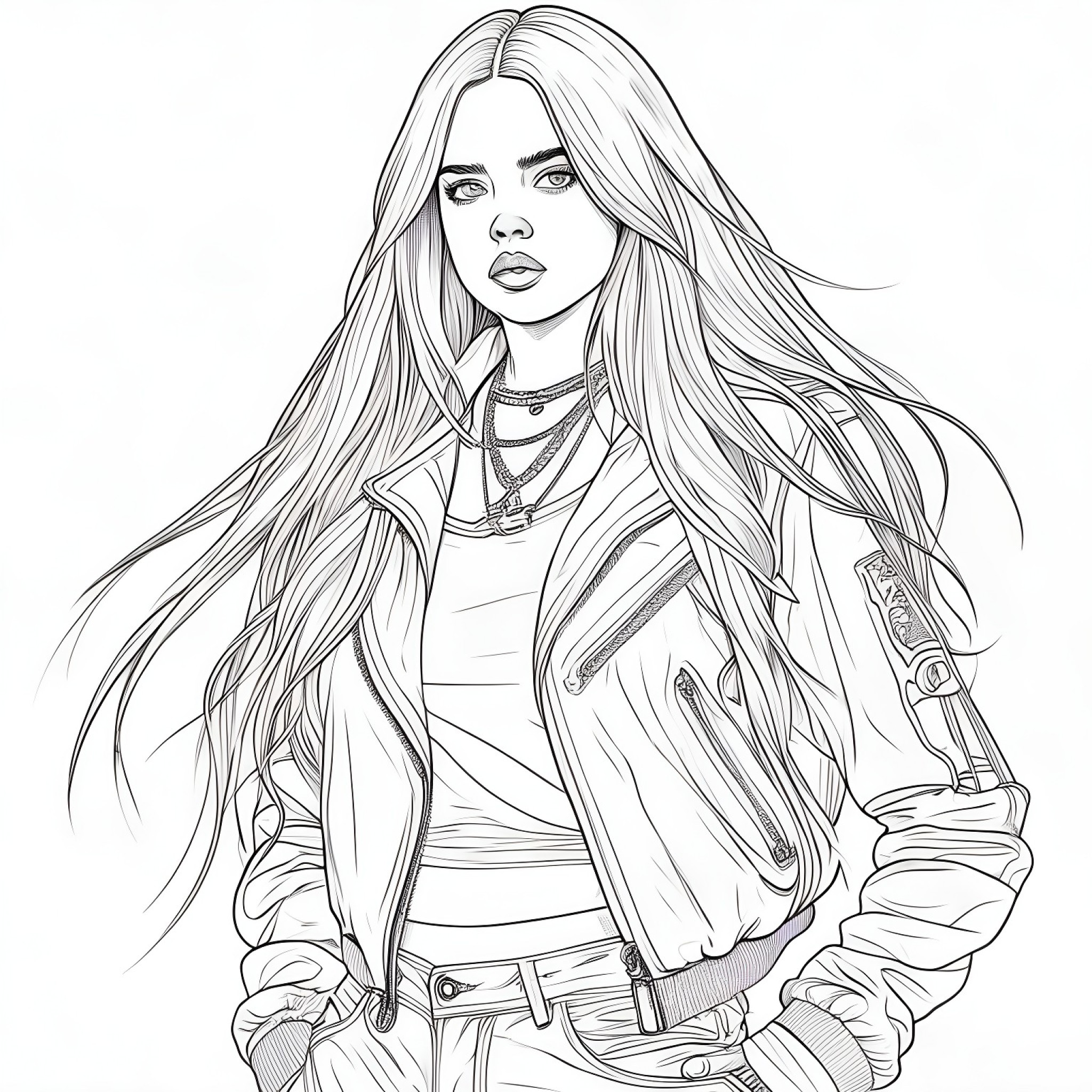 Billie Eilish in a powerful stance Coloring Page (free black-and-white line drawing printable PDF for all, from beginners to advanced learners, including children, teens, adults, and seniors)