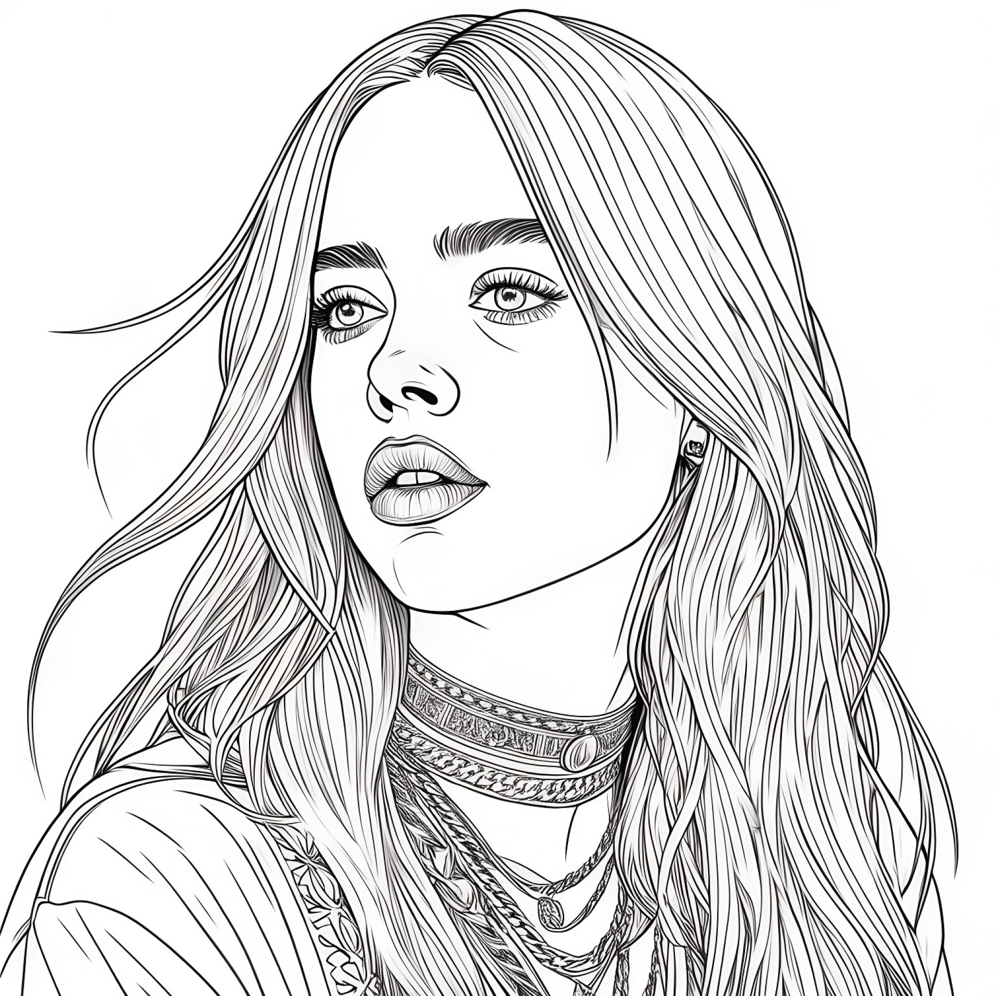 Billie Eilish with a nostalgic vibe Coloring Page (free black-and-white line drawing printable PDF for all, from beginners to advanced learners, including children, teens, adults, and seniors)
