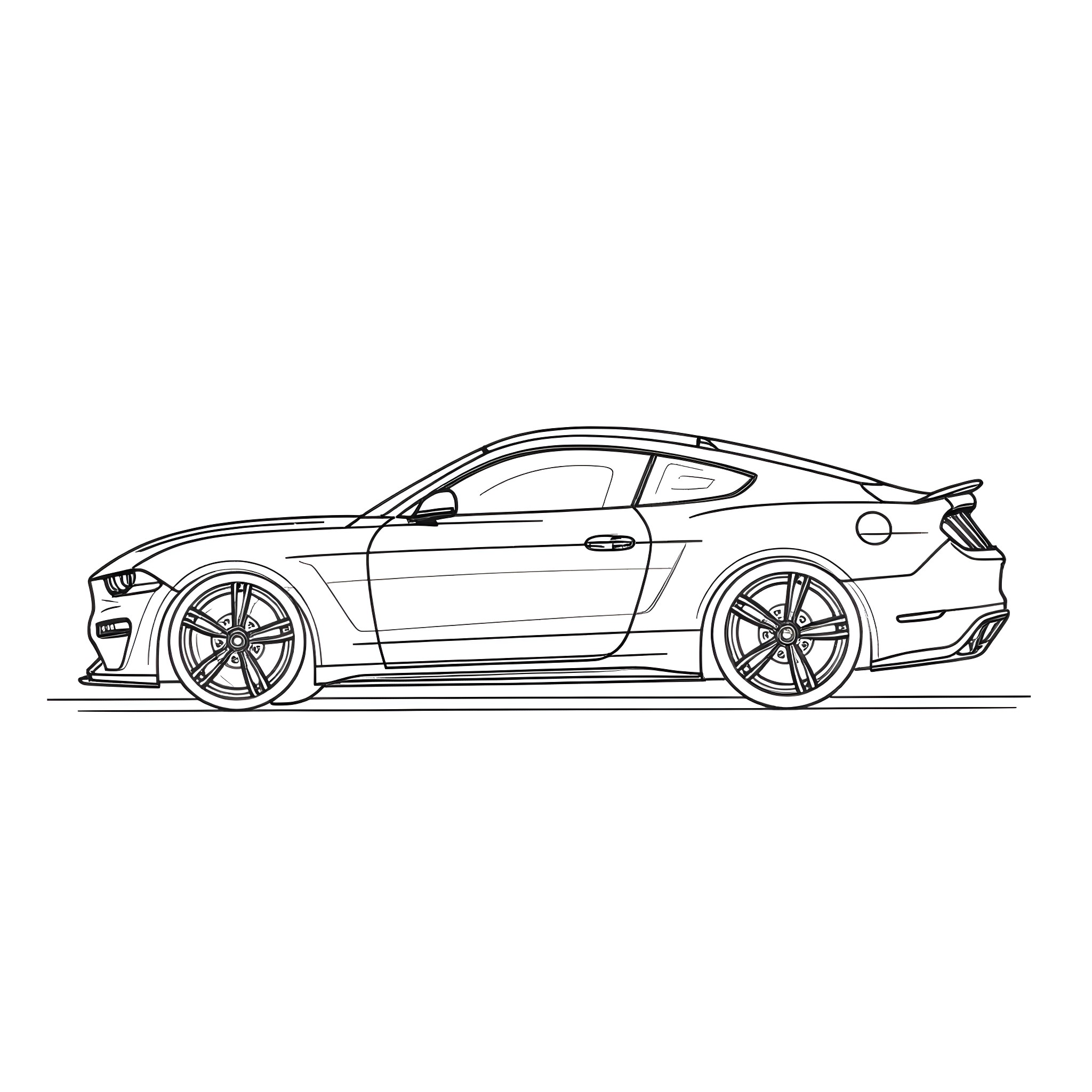 Mustang sports car in dynamic pose Coloring Page (free black-and-white line drawing printable PDF for all, from beginners to advanced learners, including children, teens, adults, and seniors)