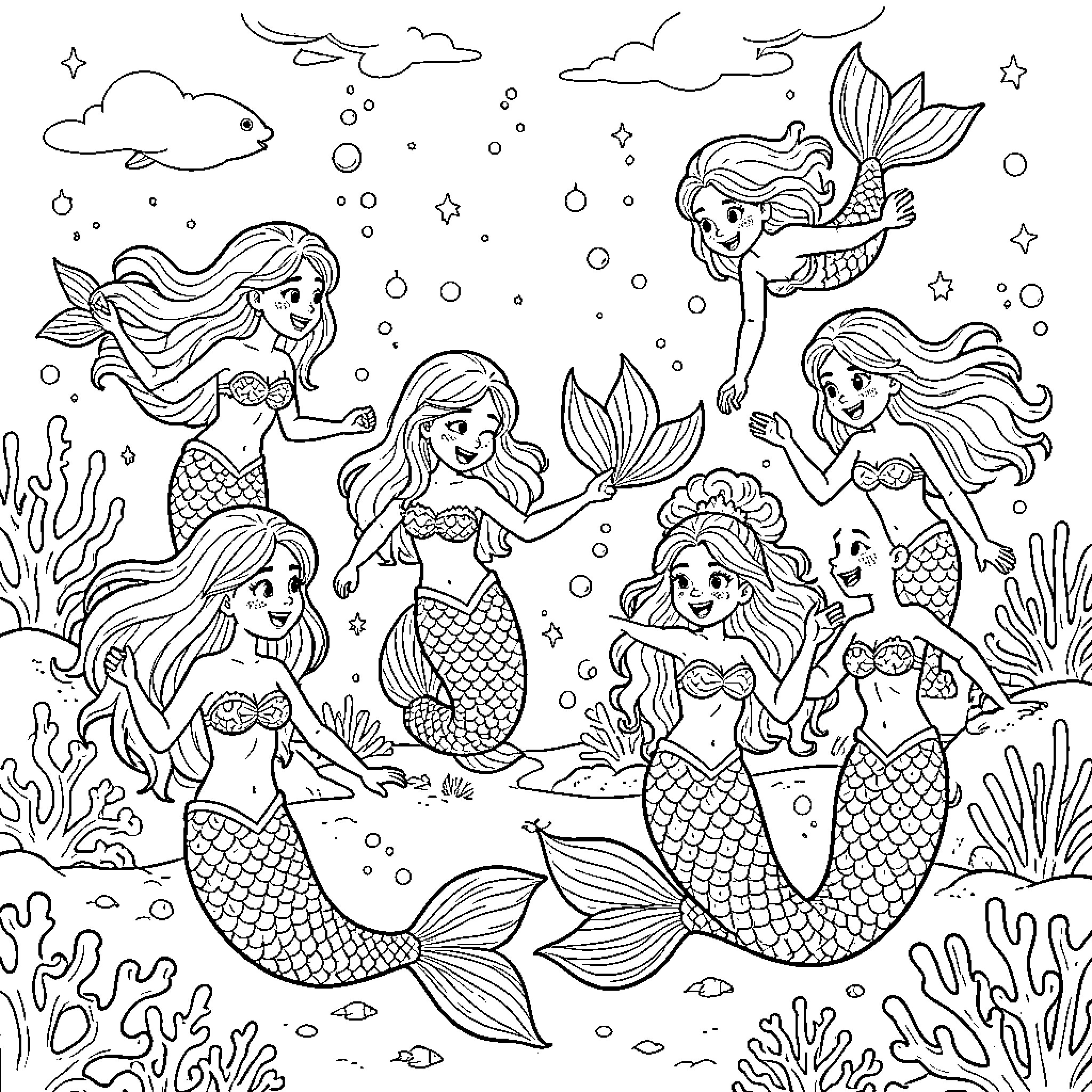 Mermaid friends playing in the enchanted underwater world Coloring Page (free black-and-white line drawing printable PDF for all, from beginners to advanced learners, including children, teens, adults, and seniors)