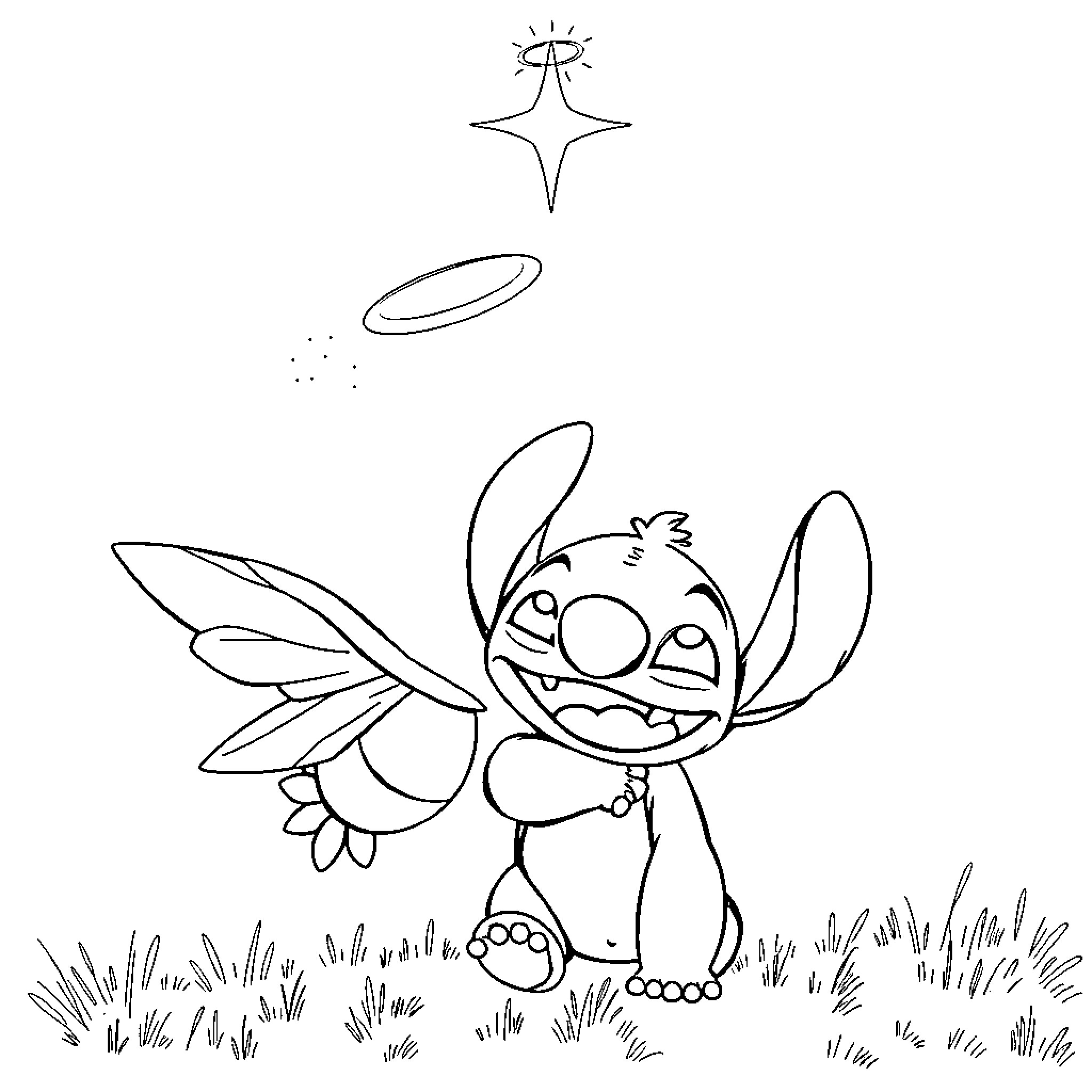 Stitch exploring the enchanted forest Coloring Page (free black-and-white line drawing printable PDF for all, from beginners to advanced learners, including children, teens, adults, and seniors)