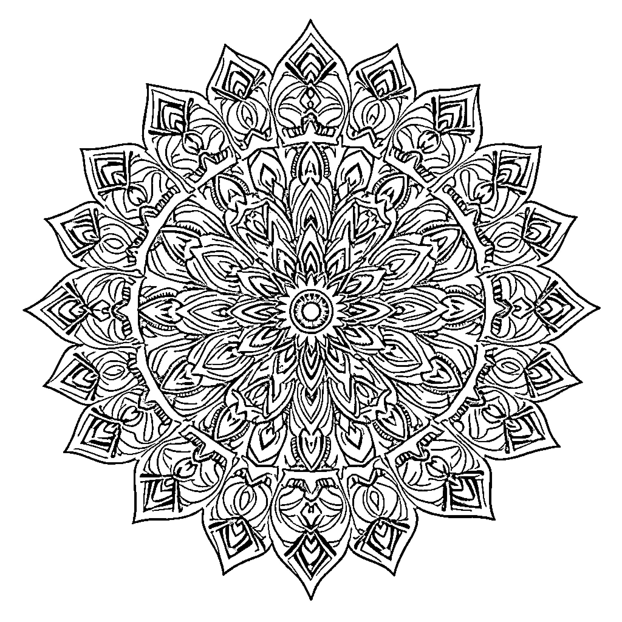 Mandala of Intricate Floral Patterns Coloring Page (free black-and-white line drawing printable PDF for all, from beginners to advanced learners, including children, teens, adults, and seniors)