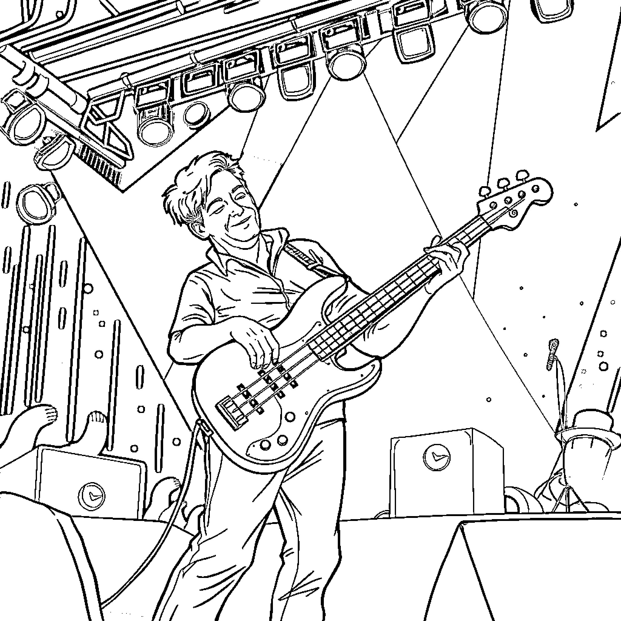 Man performing on electric guitar on stage Coloring Page (free black-and-white line drawing printable PDF for all, from beginners to advanced learners, including children, teens, adults, and seniors)